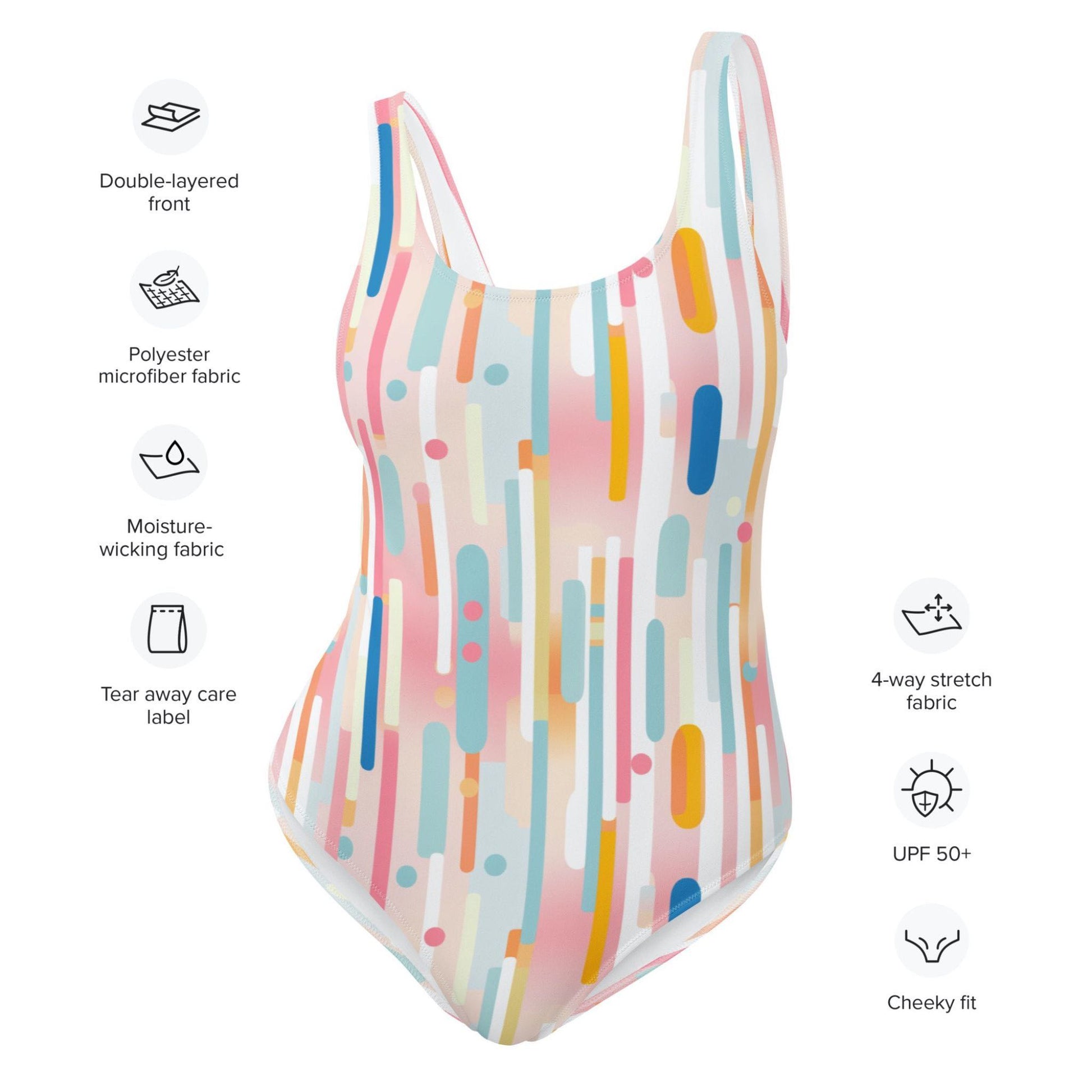Characteristics of the one-piece swimsuit described in text next to a mockup of a light candy coloured one-piece swimsuit. Characteristics listed are double-layered front, polyester microfiber fabric, tear away care labe;, 4-way stretch fabric, UPF50+ and cheeky fit.