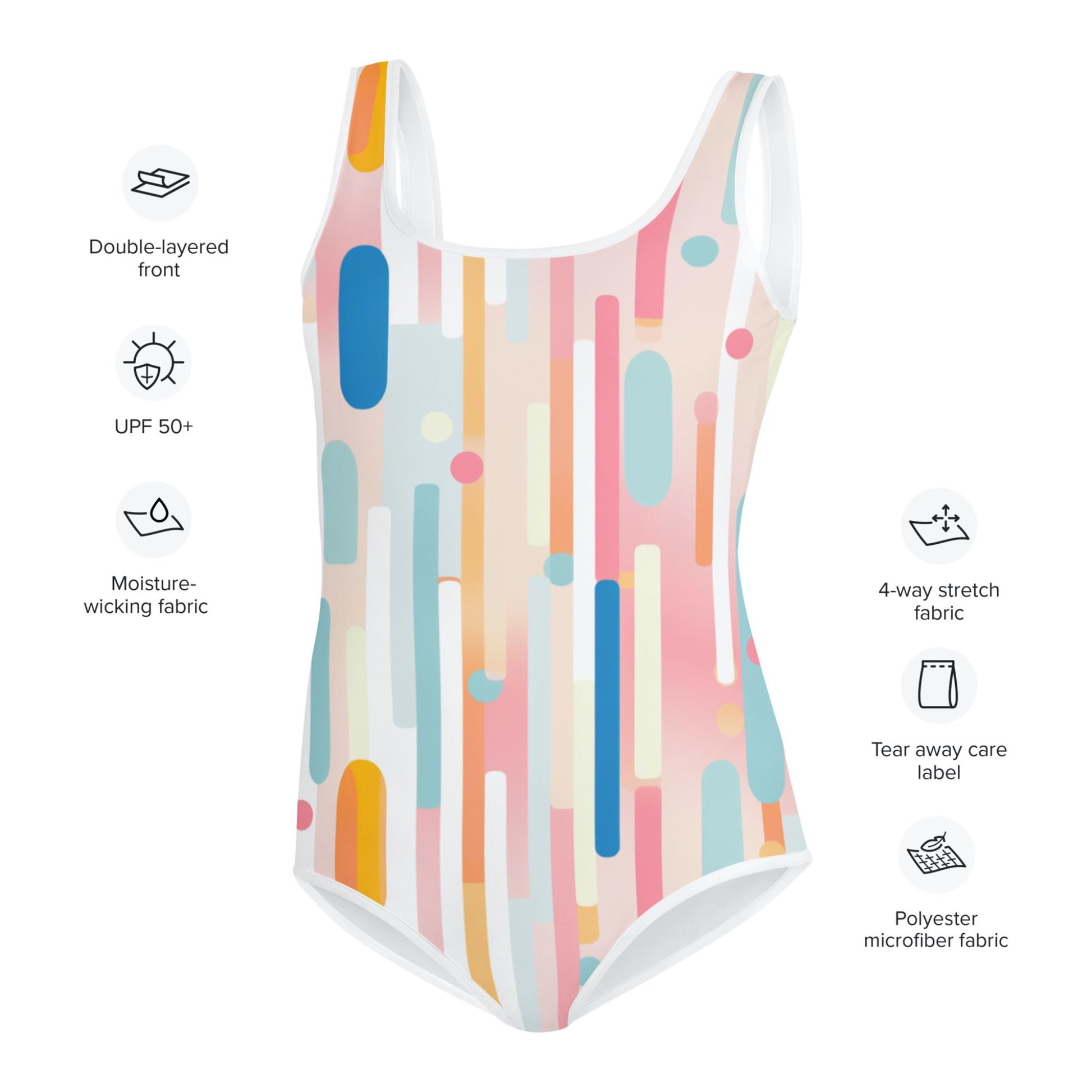 The characteristics of the youth swimsuit which are double-layered front, UPF 50+, moisture-wicking fabric, tear away care label and polyester microfibre fabric.