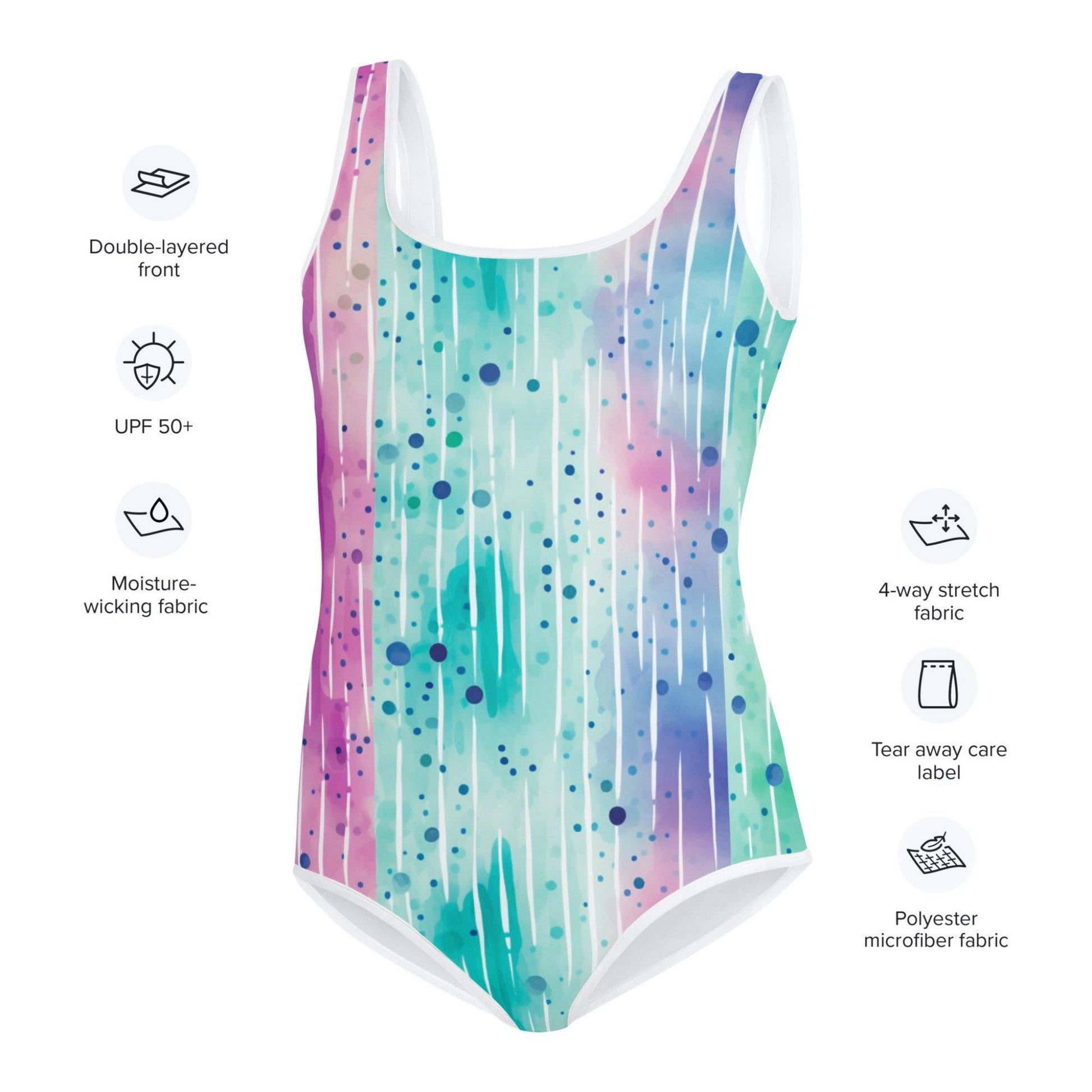 The characteristics of the youth swimsuit which are double-layered front, UPF 50+, moisture-wicking fabric, tear away care label and polyester microfibre fabric.