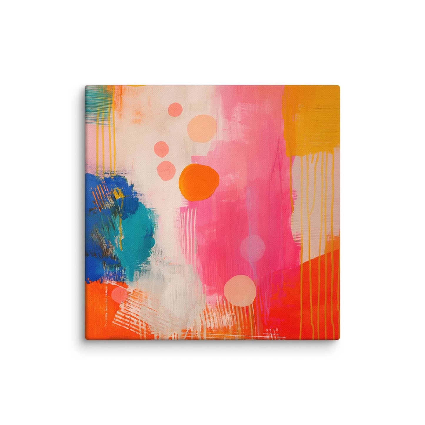 A stunning abstract canvas print featuring eye-catching artwork patches in red, orange, pink, blue and cream. This playful and sophisticated piece is in a 14x14 inches dimension.