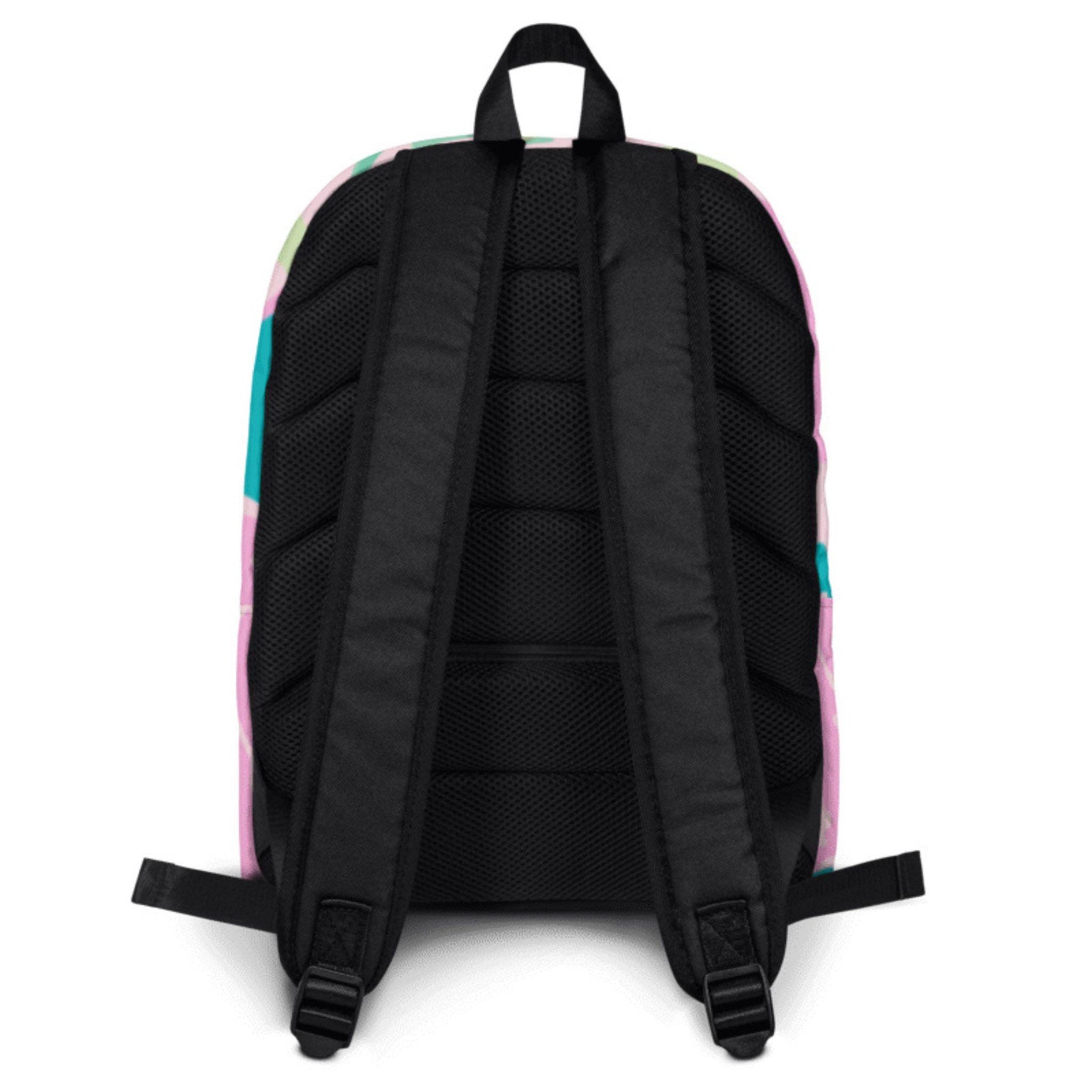 The back view of the backpack - in all black fabric.