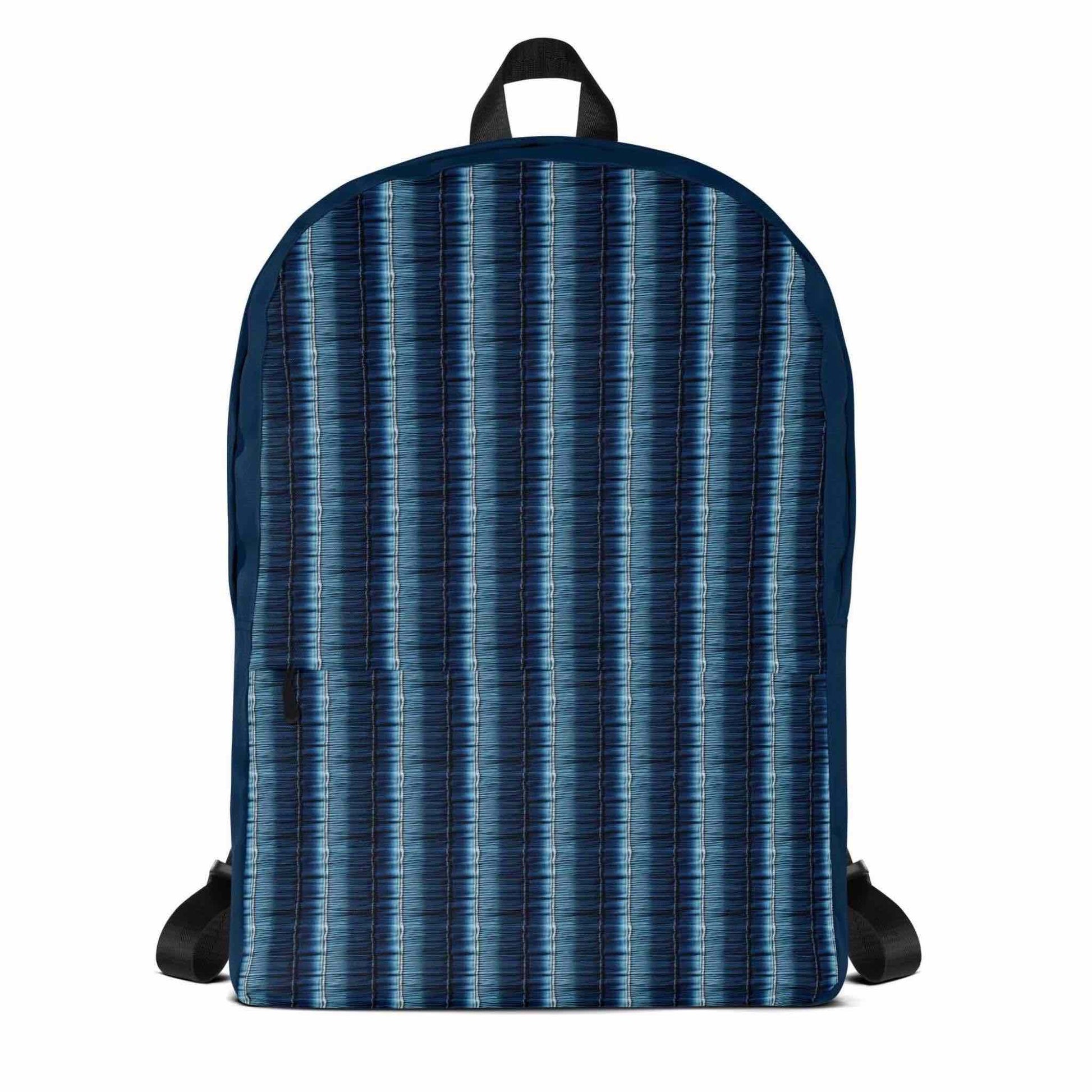 Printed backpack featuring denim stripes shown in a frontal view.