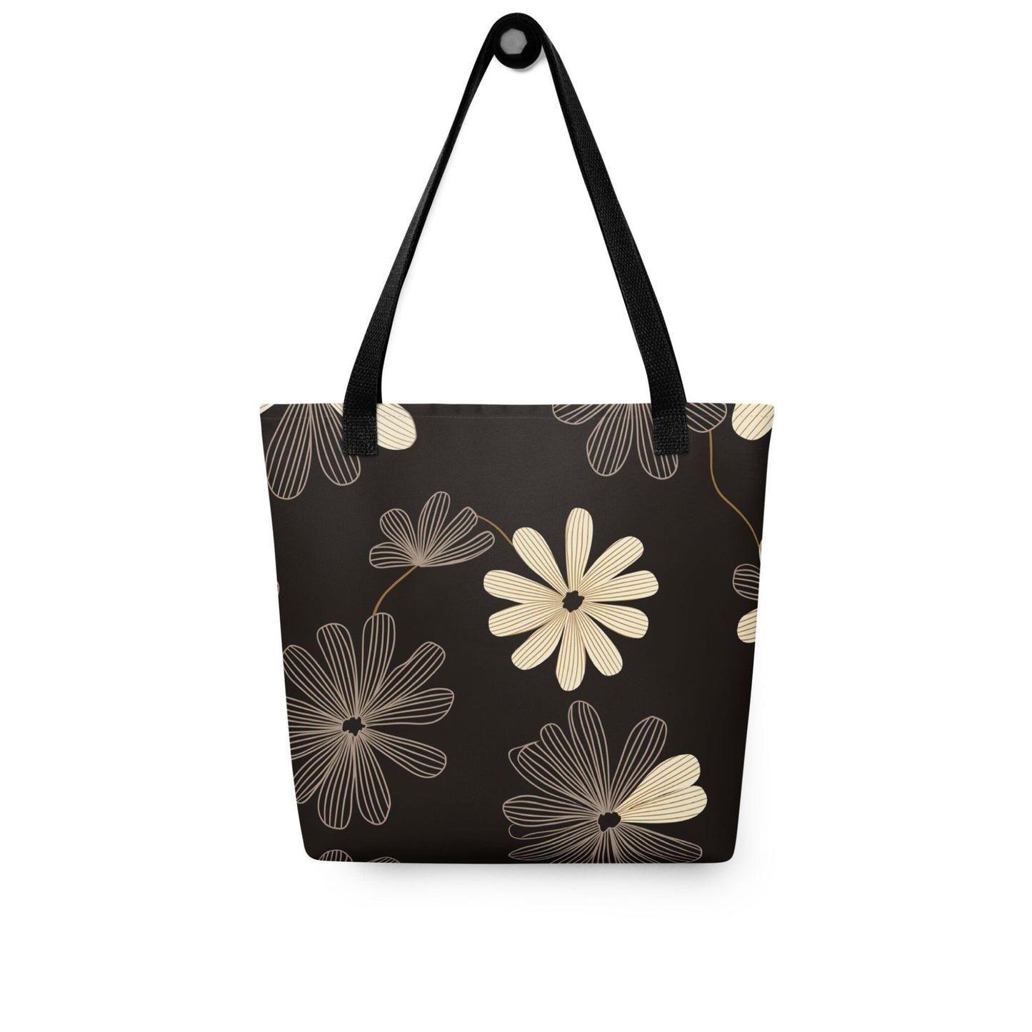 Aesthetic Tote Bag which features striking black and white line art flowers, blending Art Deco sophistication with modern minimalist style. The high-contrast, deep-hued pattern makes a dramatic statement. 15x15 inch polyester. Front view. White background.