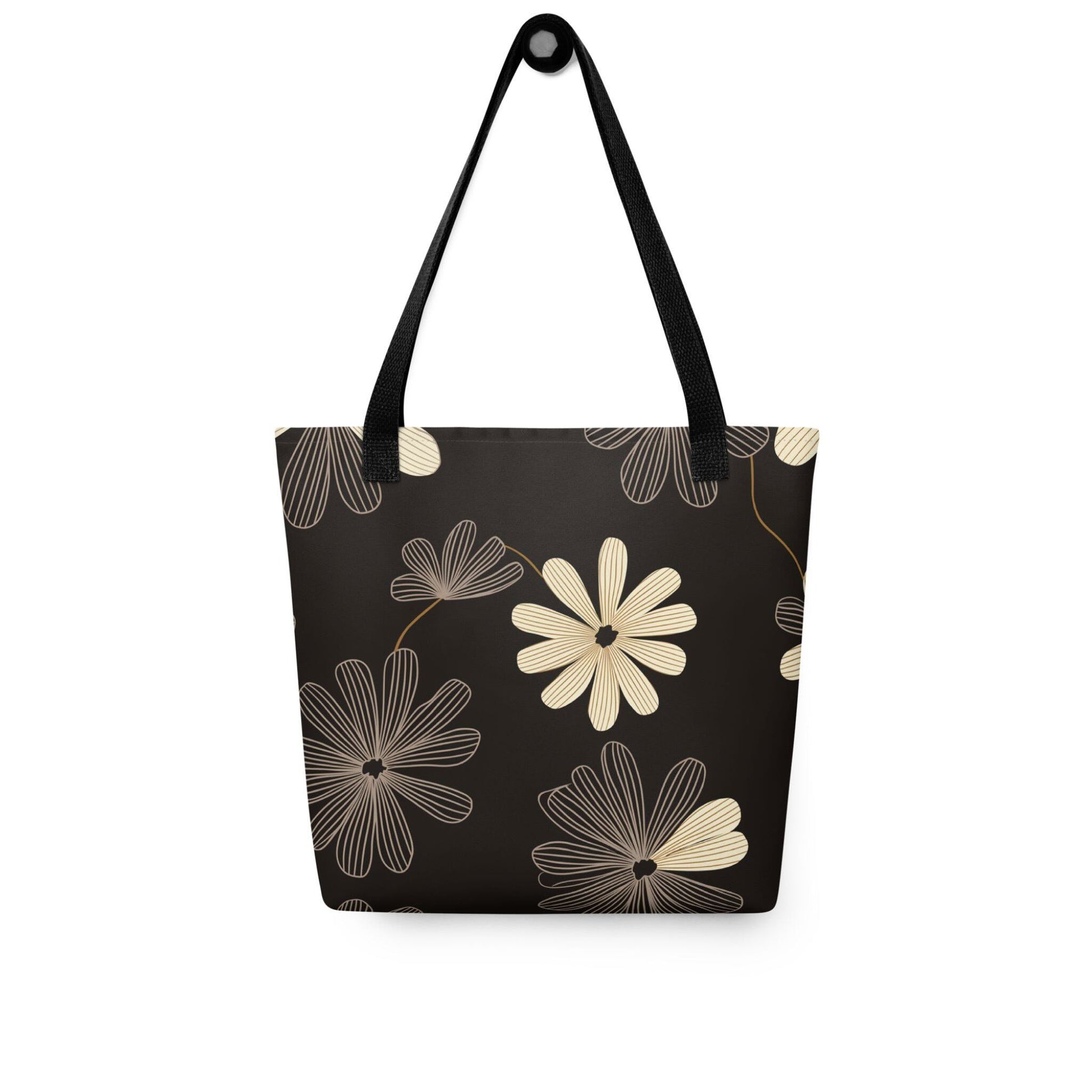 Aesthetic Tote Bag which features striking black and white line art flowers, blending Art Deco sophistication with modern minimalist style. The high-contrast, deep-hued pattern makes a dramatic statement. 15x15 inch polyester. Front view. White background.