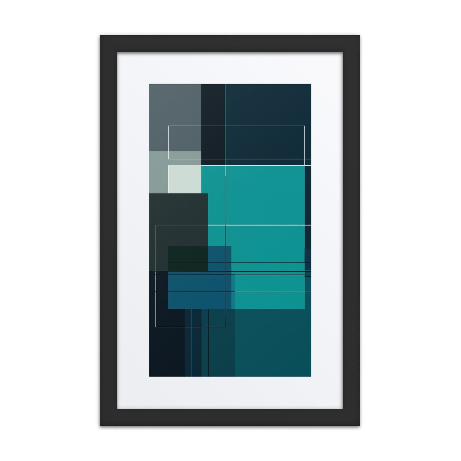 BAUHAUS Framed Prints, in black frame. This stunning abstract&nbsp;piece captivates with precision, a moody navy/teal palette, and dynamic geometry,  Dimension 12x18 inches portrait.