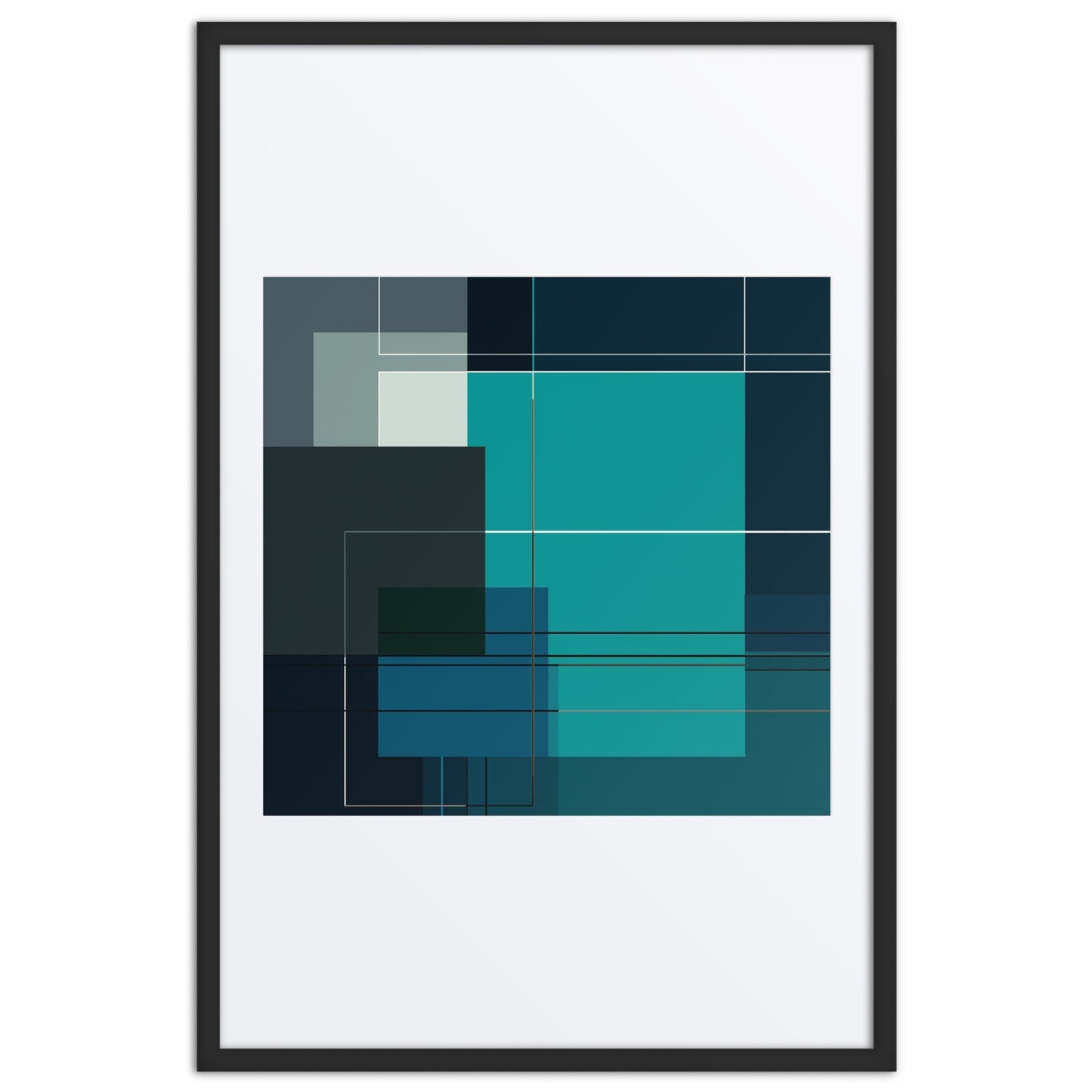 BAUHAUS Framed Prints, in black frame. This stunning abstract&nbsp;piece captivates with precision, a moody navy/teal palette, and dynamic geometry,  Dimension 24x36 inches portrait.