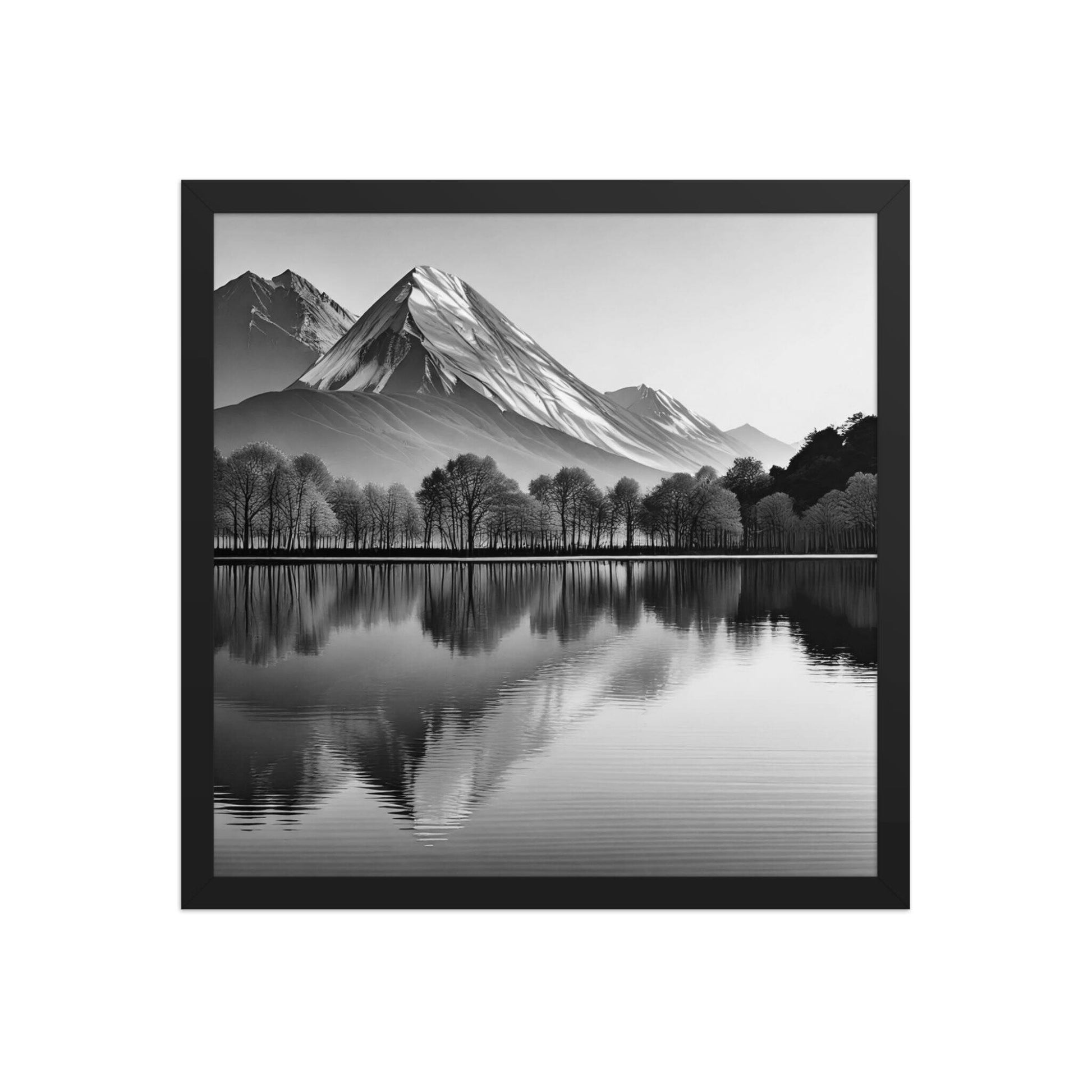 This sophisticated, gallery-quality framed poste features powerful Black and White Landscape symmetry, capturing a majestic mountain and&nbsp;its near-perfect reflection. The high-contrast style emphasizes dramatic forms and textures. Black Frames. Dimension 16x16 inches. White background.