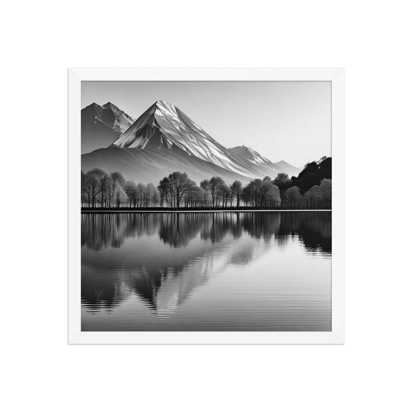 This sophisticated, gallery-quality framed poste features powerful Black and White Landscape symmetry, capturing a majestic mountain and&nbsp;its near-perfect reflection. The high-contrast style emphasizes dramatic forms and textures. White Frames. Dimension 16x16 inches. White background.