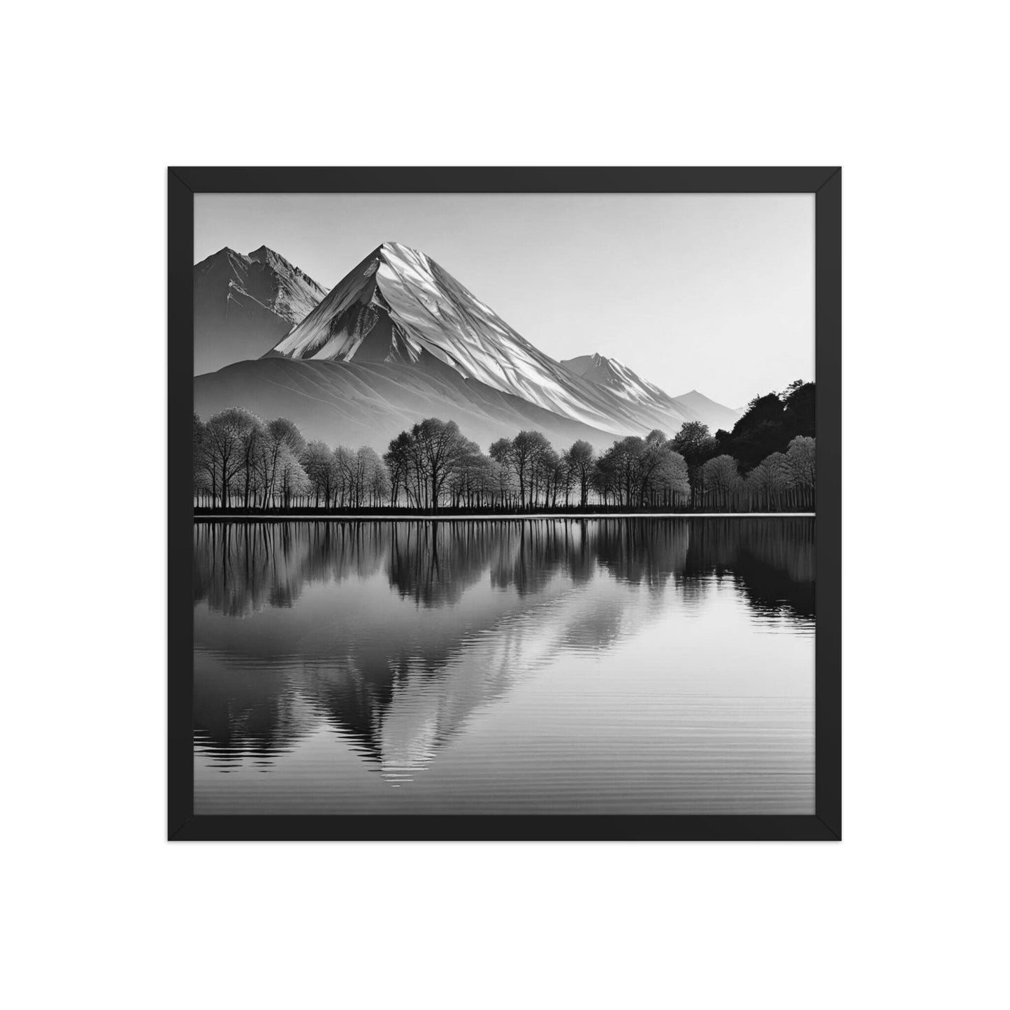 This sophisticated, gallery-quality framed poste features powerful Black and White Landscape symmetry, capturing a majestic mountain and&nbsp;its near-perfect reflection. The high-contrast style emphasizes dramatic forms and textures. Black Frames. Dimension 18x18 inches. White background.
