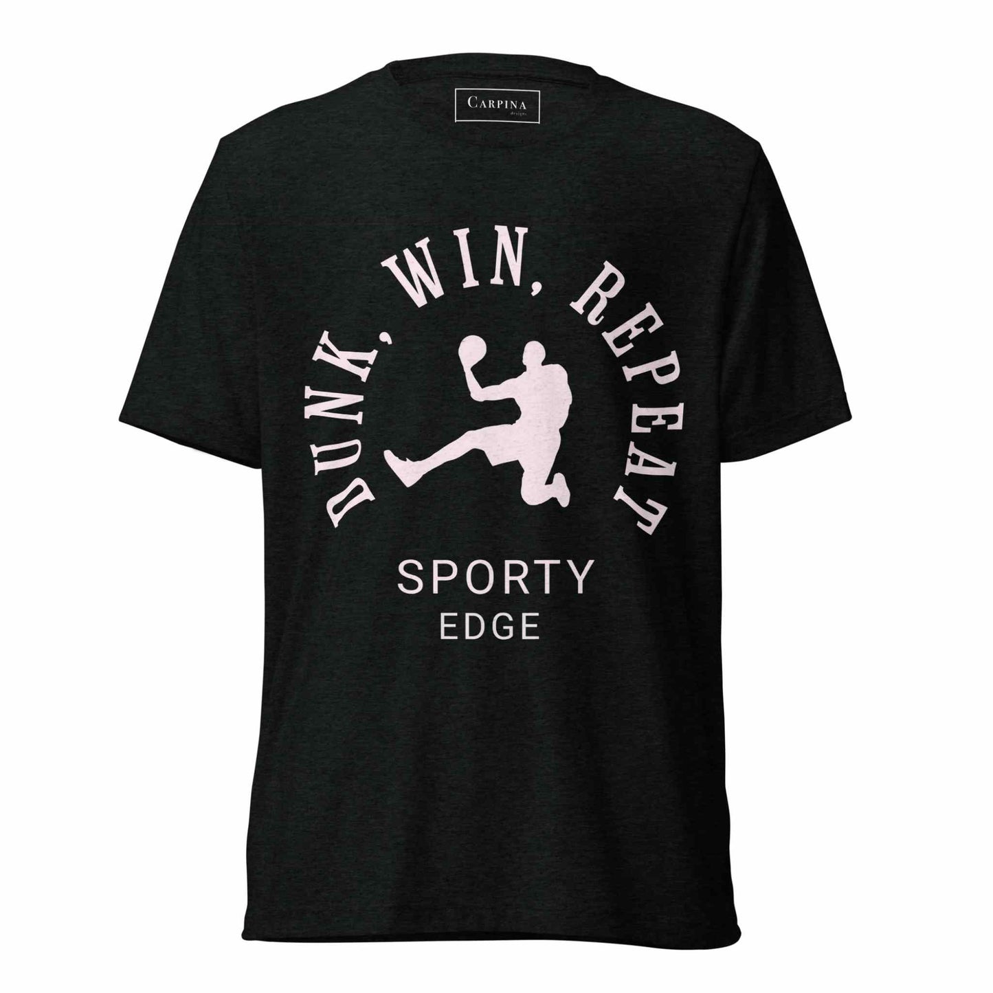 Flatlay of a basketball graphic tshirt in solid black color.he unisex triblend tshirt features the words "Dunk, Win, Repeat and Sporty Edge" circling a graphic of an active basketball player. White background.