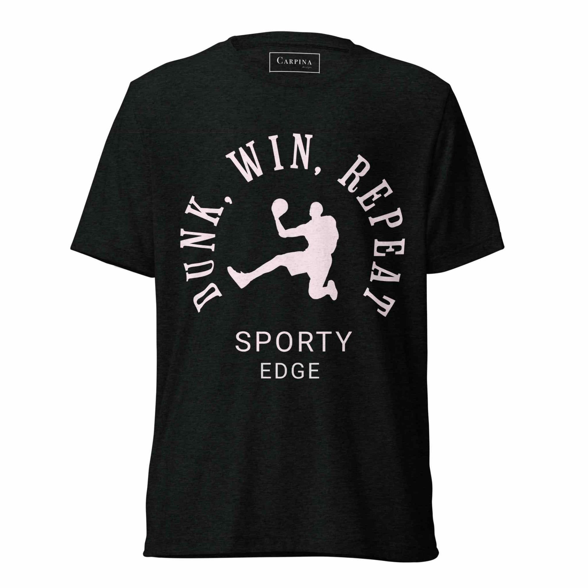 Flatlay of a basketball graphic tshirt in solid black color.he unisex triblend tshirt features the words "Dunk, Win, Repeat and Sporty Edge" circling a graphic of an active basketball player. White background.