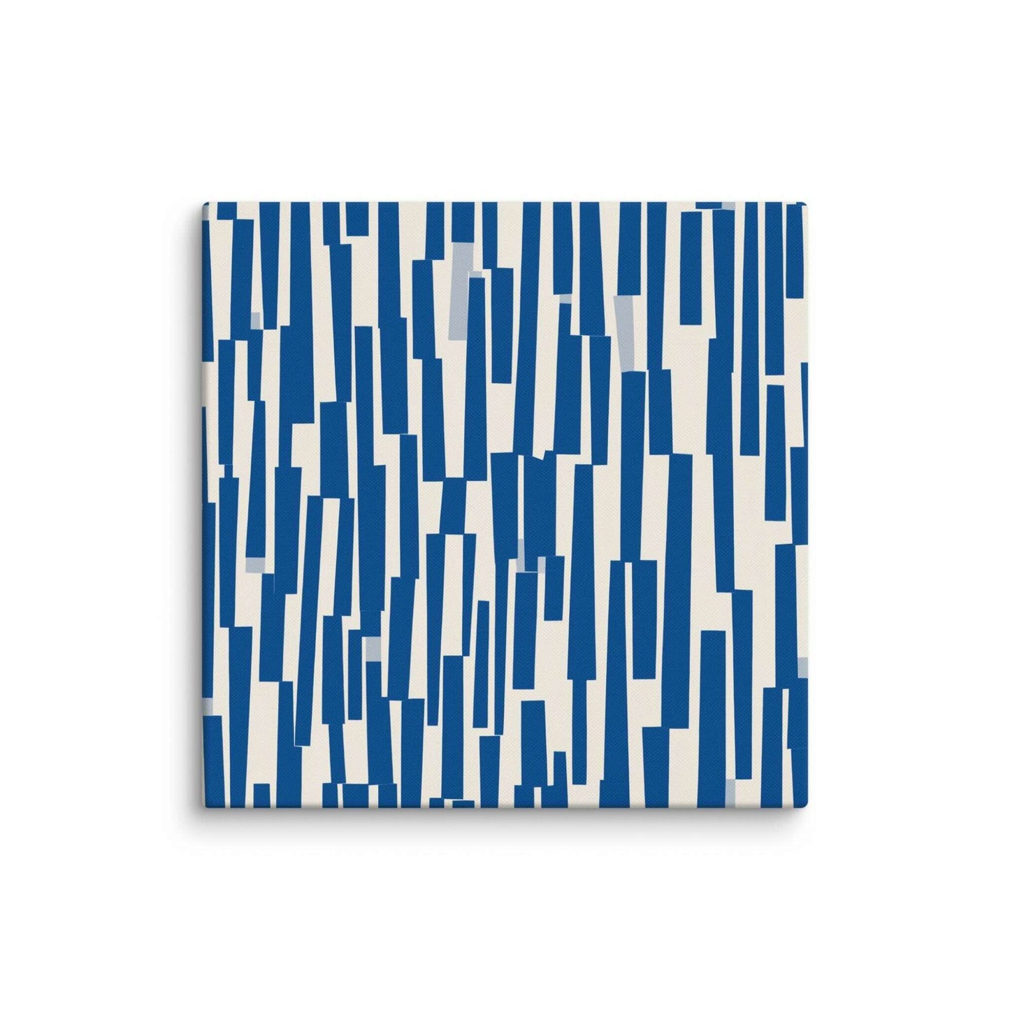 Blue and cream canvas art. Our Staccato design features an elegant, rhythmic cascade of deep navy shapes against a warm, neutral backdrop. This abstract piece offers high contrast and sophisticated, organized movement, reminiscent of classic Mid-Century Modern design. Dimensions 26x26 inches.
