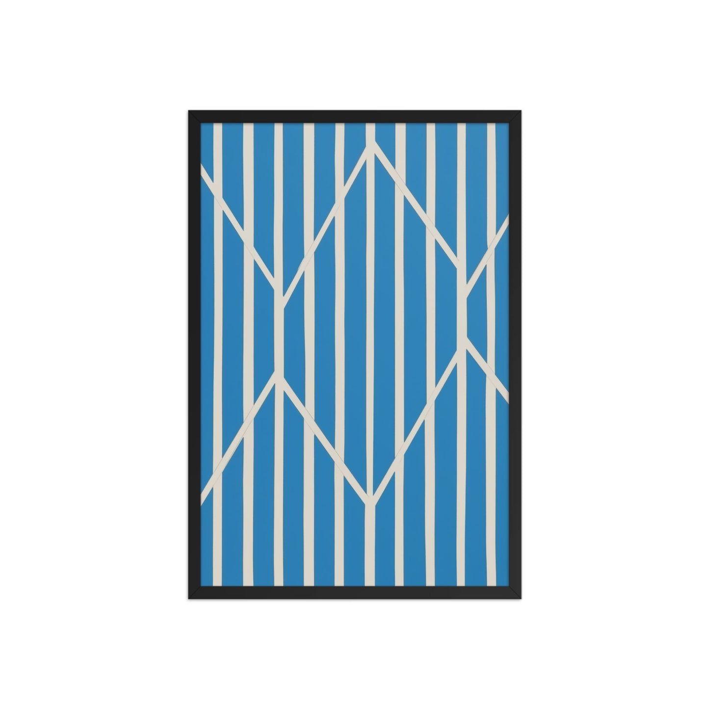 A compelling piece of blue and white abstract art, OBLIQUE, in framed poster. This sophisticated design creates visual drama as static vertical stripes are dynamically intersected by bold, angular white lines. The result is a striking, kinetic composition perfect for modern interiors. Black frame. Dimension 20x30 inches portrait.