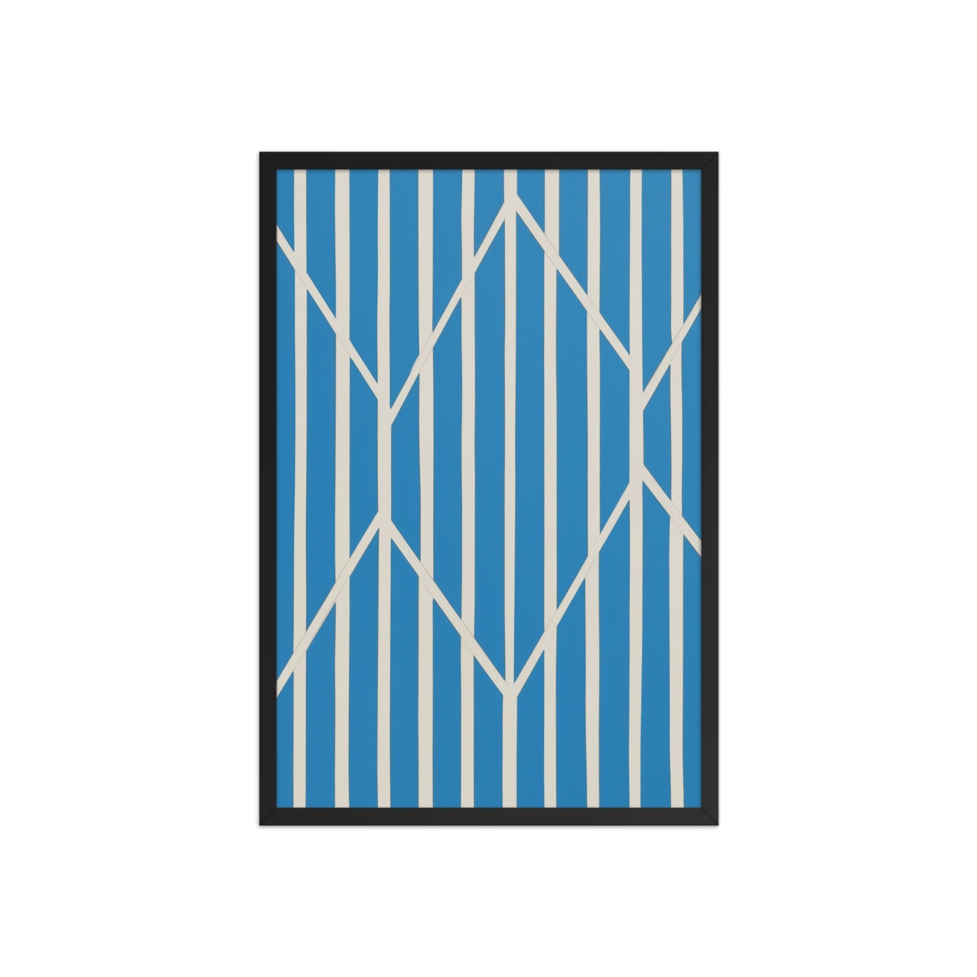 A compelling piece of blue and white abstract art, OBLIQUE, in framed poster. This sophisticated design creates visual drama as static vertical stripes are dynamically intersected by bold, angular white lines. The result is a striking, kinetic composition perfect for modern interiors. Black frame. Dimension 20x30 inches portrait.