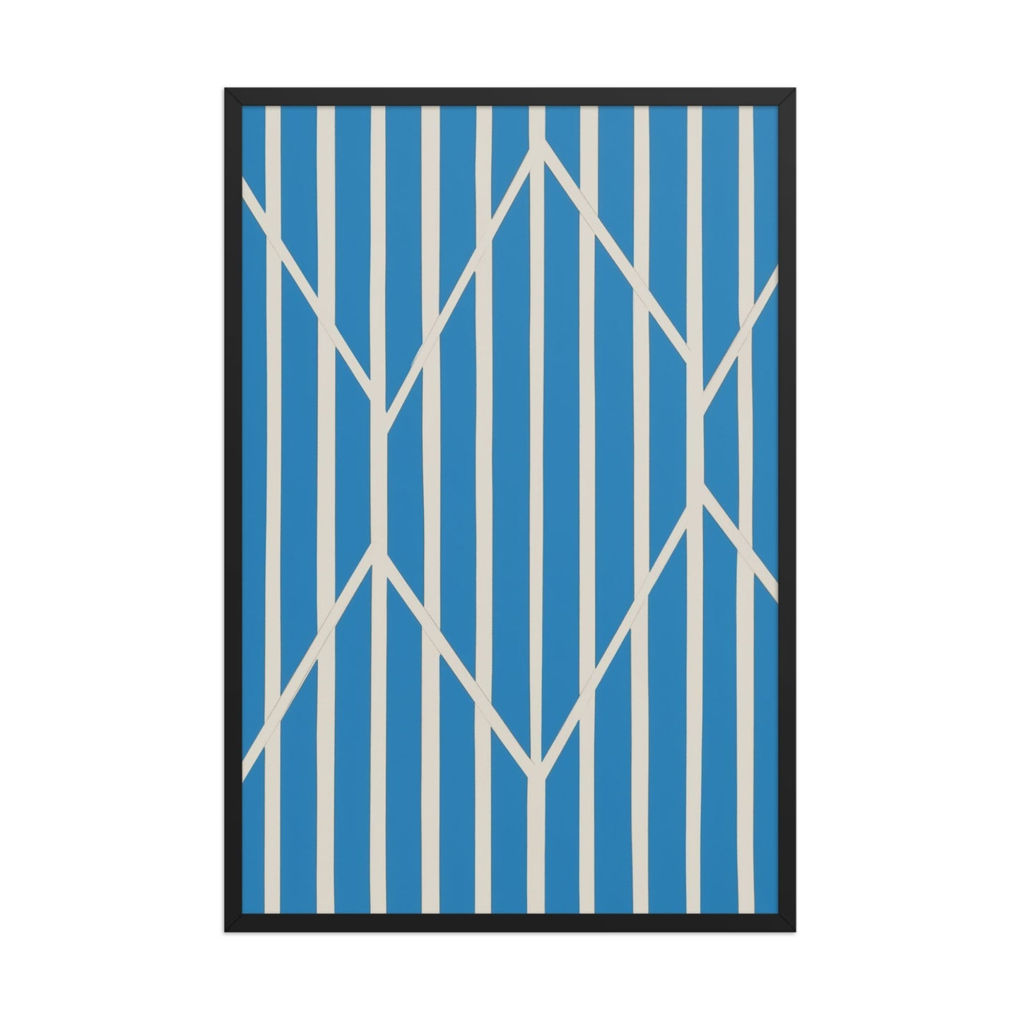 A compelling piece of blue and white abstract art, OBLIQUE, in framed poster. This sophisticated design creates visual drama as static vertical stripes are dynamically intersected by bold, angular white lines. The result is a striking, kinetic composition perfect for modern interiors. Black frame. Dimension 24x36 inches portrait.