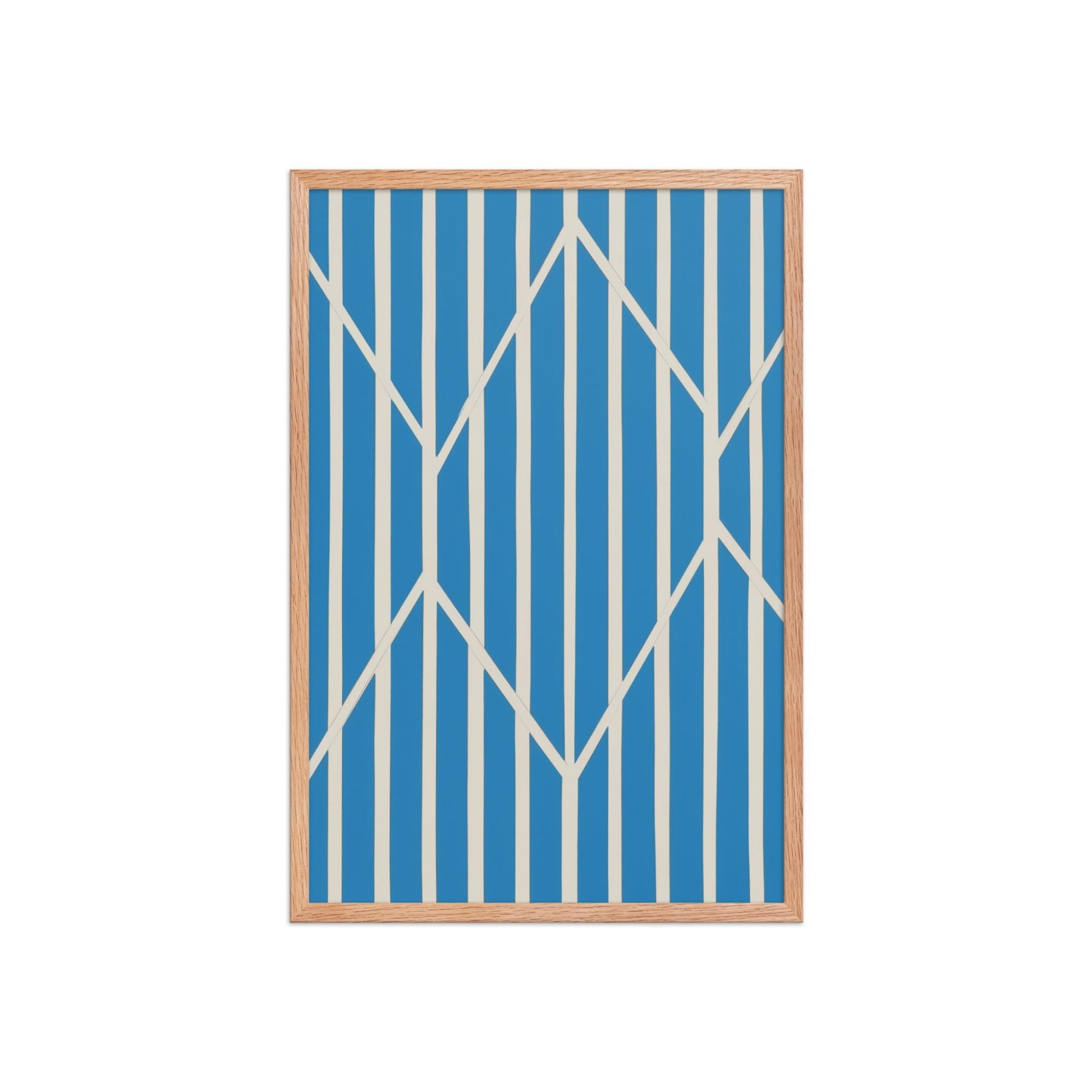 A compelling piece of blue and white abstract art, OBLIQUE, in framed poster. This sophisticated design creates visual drama as static vertical stripes are dynamically intersected by bold, angular white lines. The result is a striking, kinetic composition perfect for modern interiors. Red Oak frame. Dimension 20x30 inches portrait.