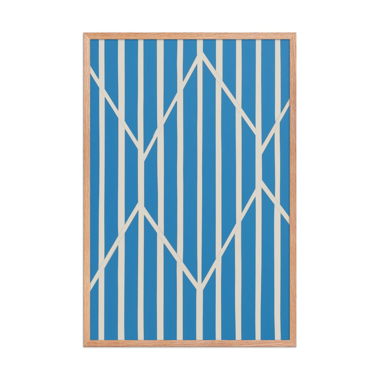 A compelling piece of blue and white abstract art, OBLIQUE, in framed poster. This sophisticated design creates visual drama as static vertical stripes are dynamically intersected by bold, angular white lines. The result is a striking, kinetic composition perfect for modern interiors. Red Oak frame. Dimension 24x36 inches portrait.