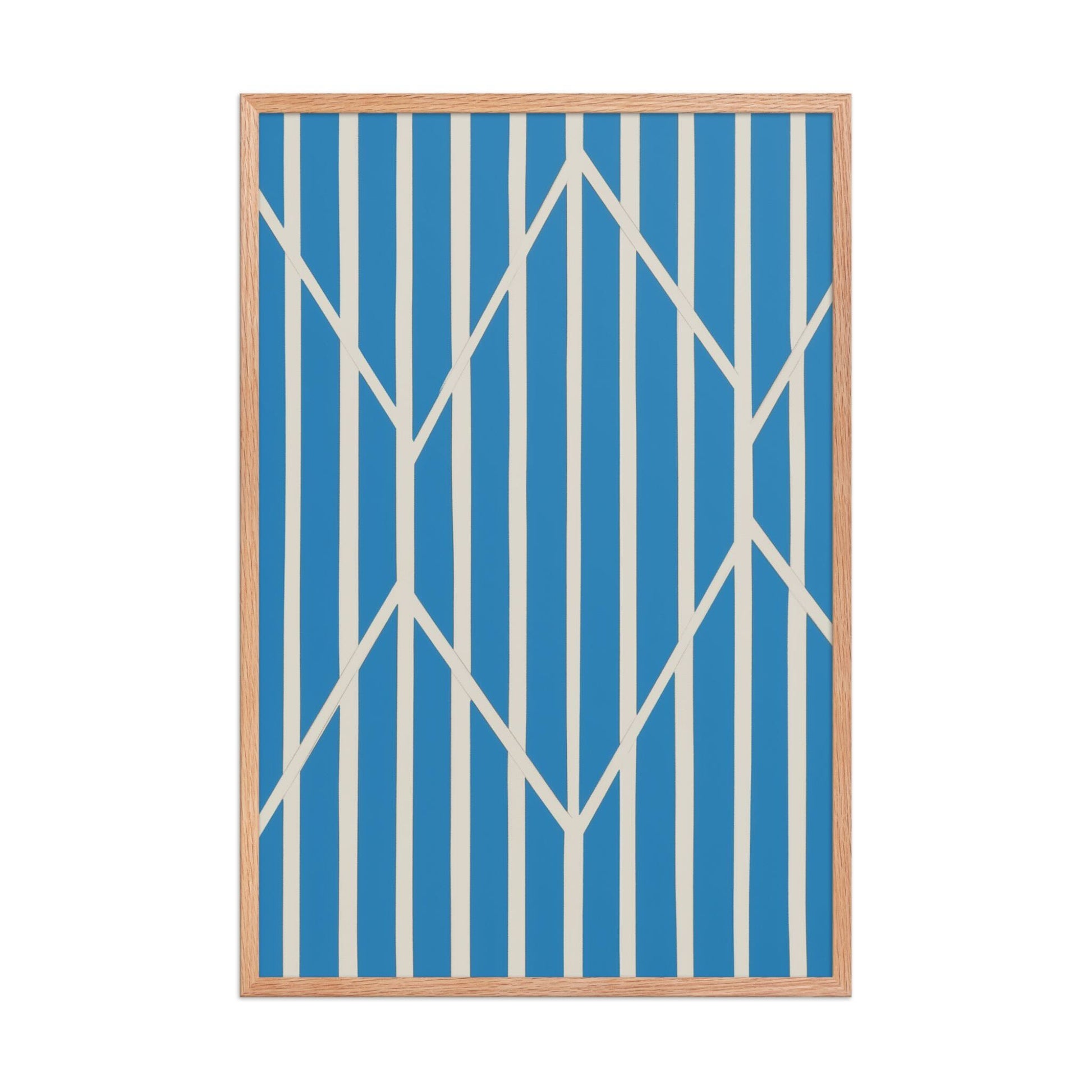 A compelling piece of blue and white abstract art, OBLIQUE, in framed poster. This sophisticated design creates visual drama as static vertical stripes are dynamically intersected by bold, angular white lines. The result is a striking, kinetic composition perfect for modern interiors. Red Oak frame. Dimension 24x36 inches portrait.