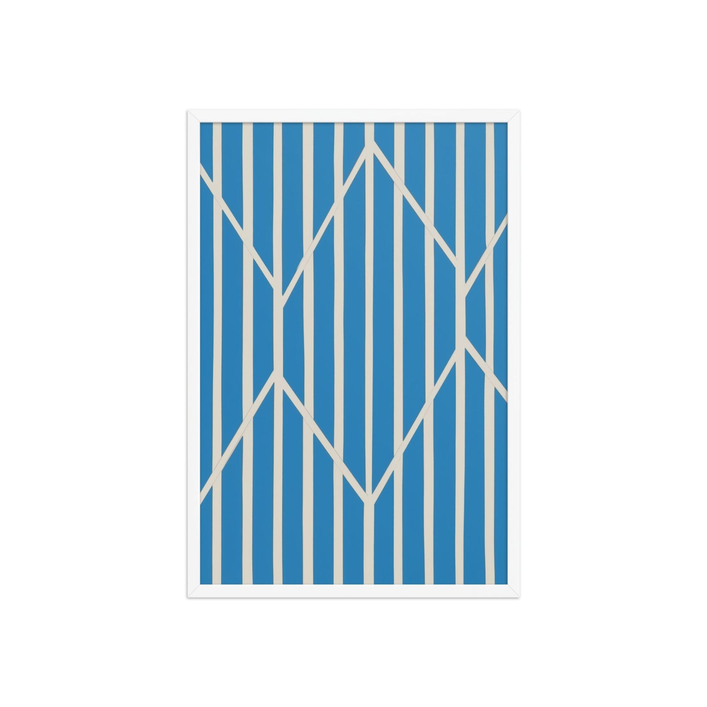 A compelling piece of blue and white abstract art, OBLIQUE, in framed poster. This sophisticated design creates visual drama as static vertical stripes are dynamically intersected by bold, angular white lines. The result is a striking, kinetic composition perfect for modern interiors. White frame. Dimension 20x30 inches portrait.