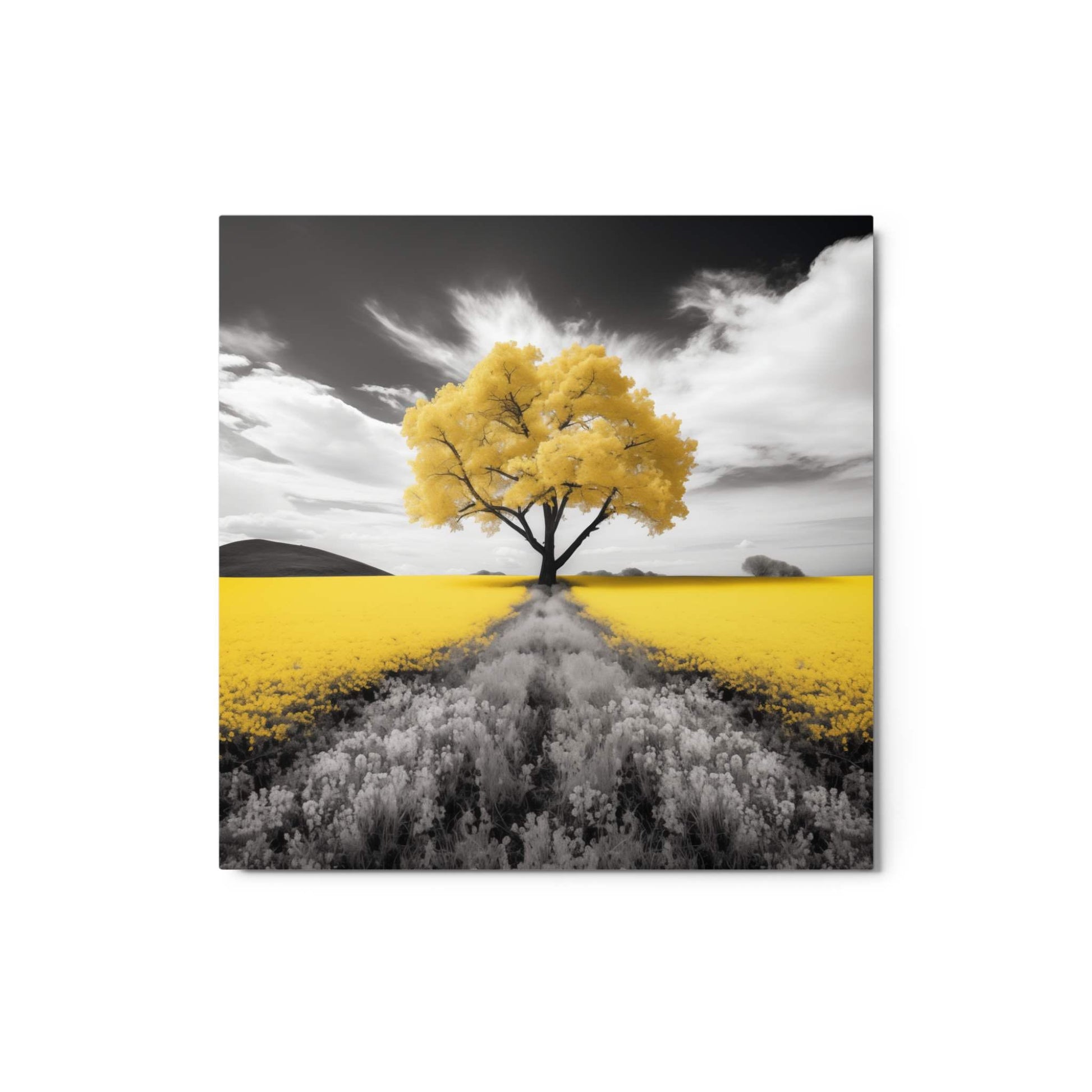 Elevate your space with our stunning Mustard Tree metal print. This dramatic piece, inspired by the biblical parable, captures the golden beauty of a towering mustard tree amidst a field of vibrant yellow blooms. A perfect blend of nature's wonder and artistic elegance. This piece is 12 x 12 inches..