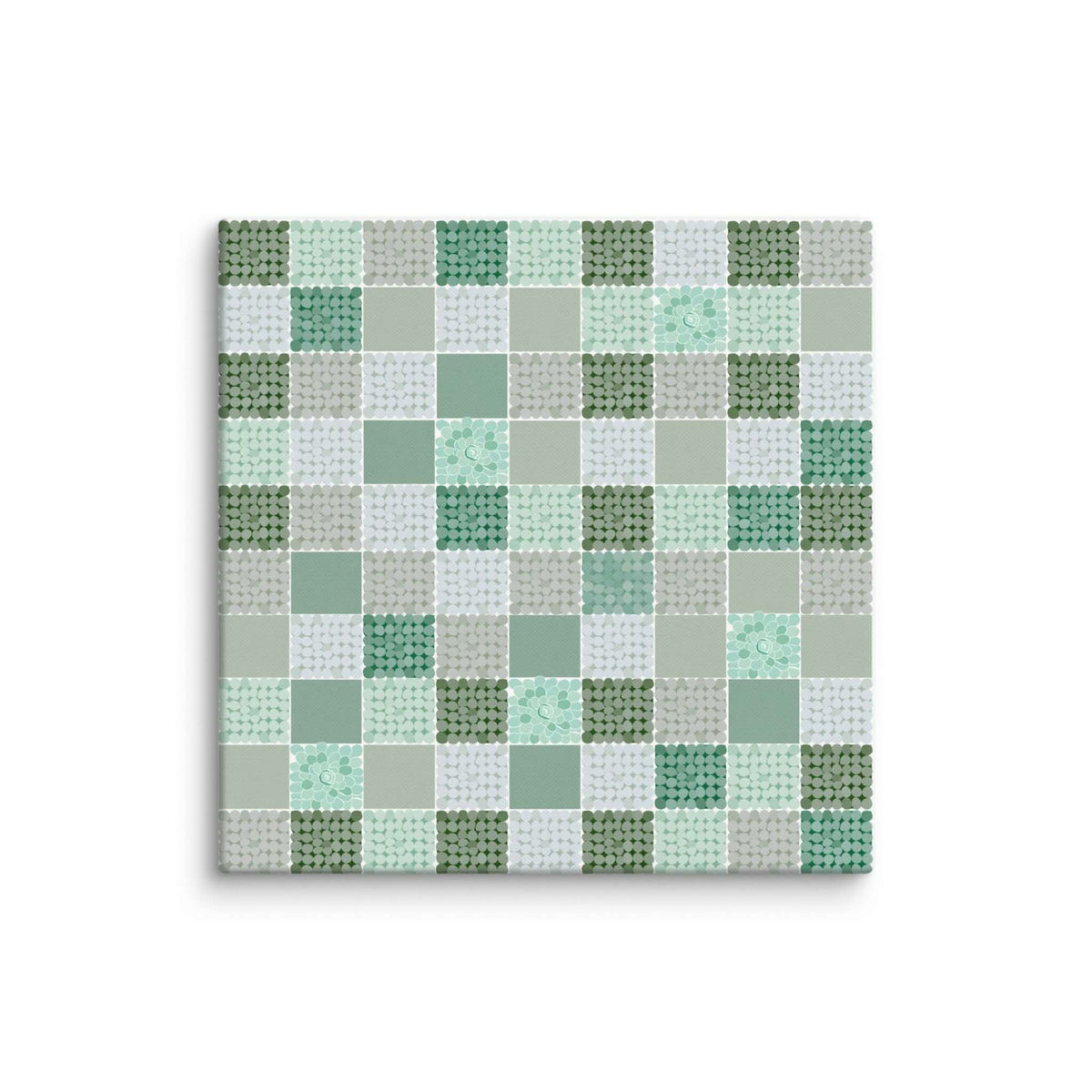 Close-up detail of CELADON 24x24 inches canvas print, hand-placed dot texture in sage, mint and forest green tiles, sage green abstract wall art by Carpina Designs