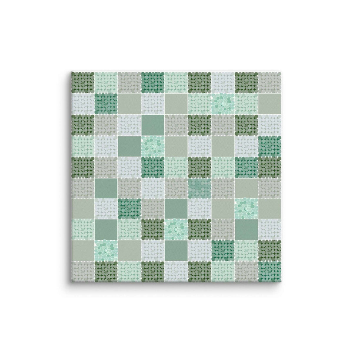 Close-up detail of CELADON 26x26 inches canvas print, hand-placed dot texture in sage, mint and forest green tiles, sage green abstract wall art by Carpina Designs