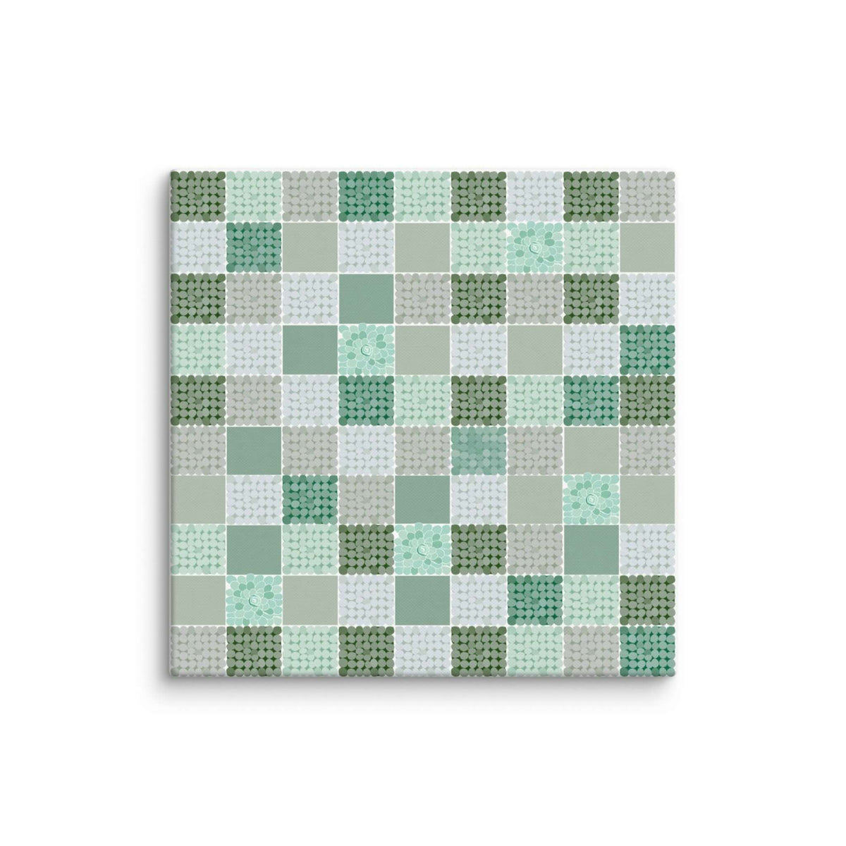 Close-up detail of CELADON 28x28 inches canvas print, hand-placed dot texture in sage, mint and forest green tiles, sage green abstract wall art by Carpina Designs