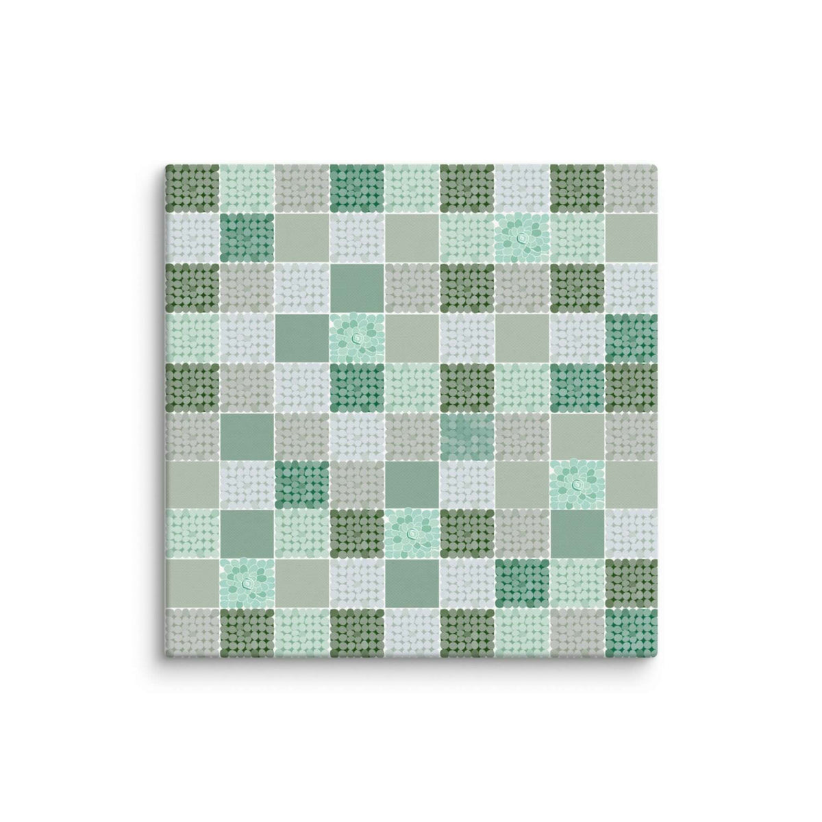 Close-up detail of CELADON 30x30 inches canvas print, hand-placed dot texture in sage, mint and forest green tiles, sage green abstract wall art by Carpina Designs