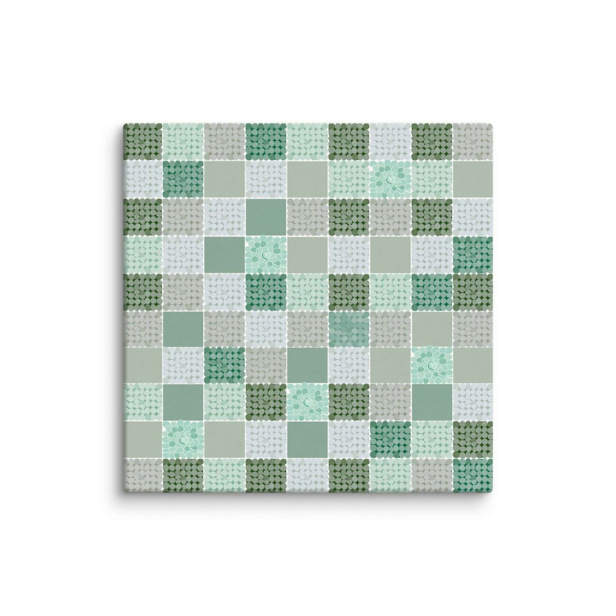 Close-up detail of CELADON 32x32 inches canvas print, hand-placed dot texture in sage, mint and forest green tiles, sage green abstract wall art by Carpina Designs