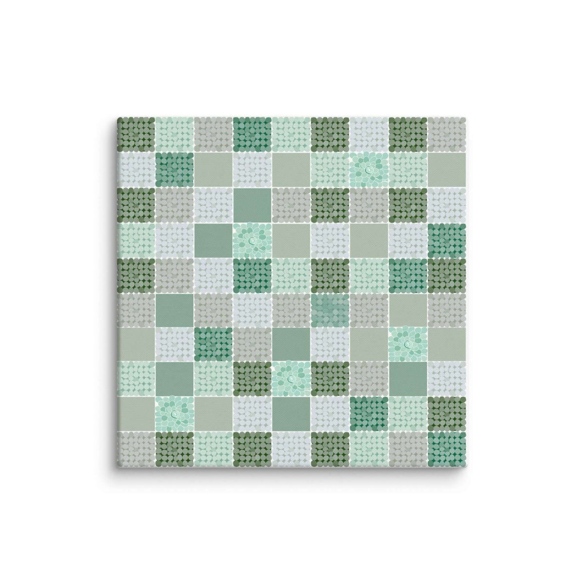 Close-up detail of CELADON 36x36 inches canvas print, hand-placed dot texture in sage, mint and forest green tiles, sage green abstract wall art by Carpina Designs