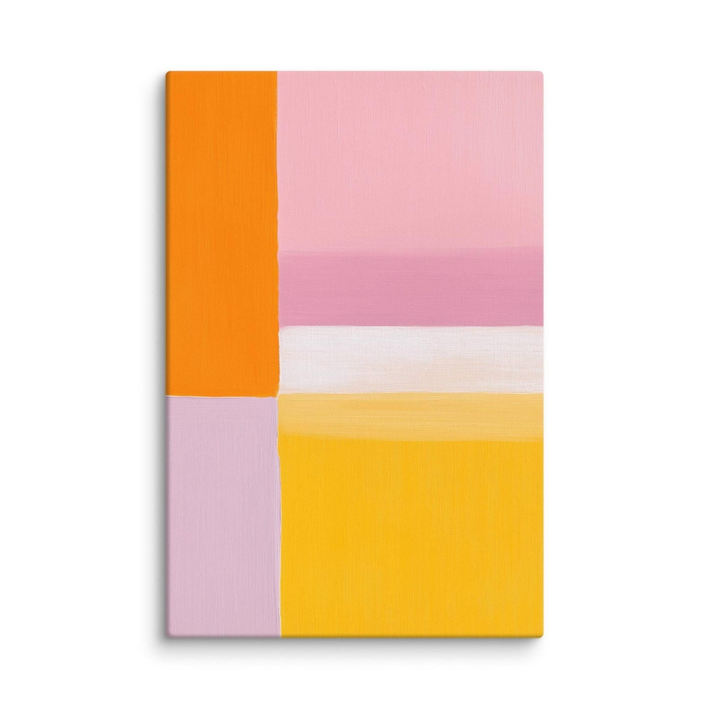 Color Block Painting PALETTE. This stunning abstract canvas welcomes soft, radiant energy into your space. The artwork is a harmonious blend of energetic warm tones (sunny yellow and bright orange) with calming pastel colors (pink and mauve). Dimension 32x48 inches. White background.