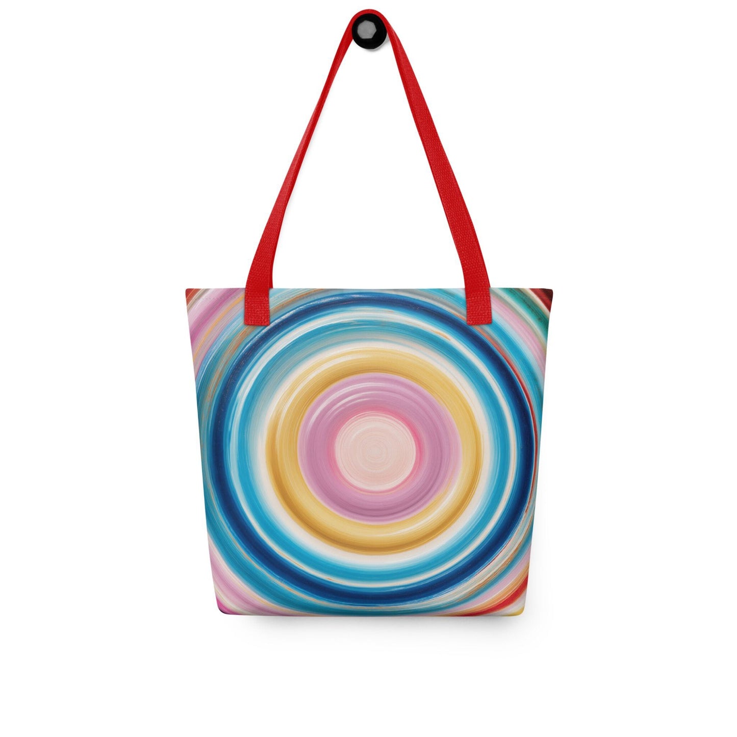 Colorful tote bag which features a mesmerizing abstract design of strong, hypnotic color circles, with red handles. Dimension 15x15 inches, polyester. White blackground. 
