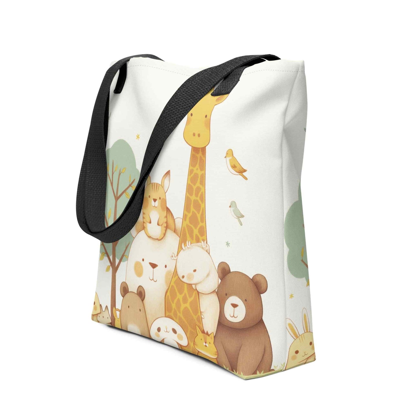 Cute tote bag featuring a stylish
gathering of our sweet animal villagers, with black handles. Side view. White background. 