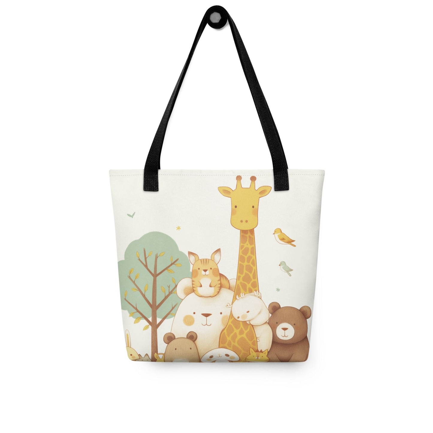 Cute tote bag featuring a stylish
gathering of our sweet animal villagers, with black handles, hanging on a wall.  White background.