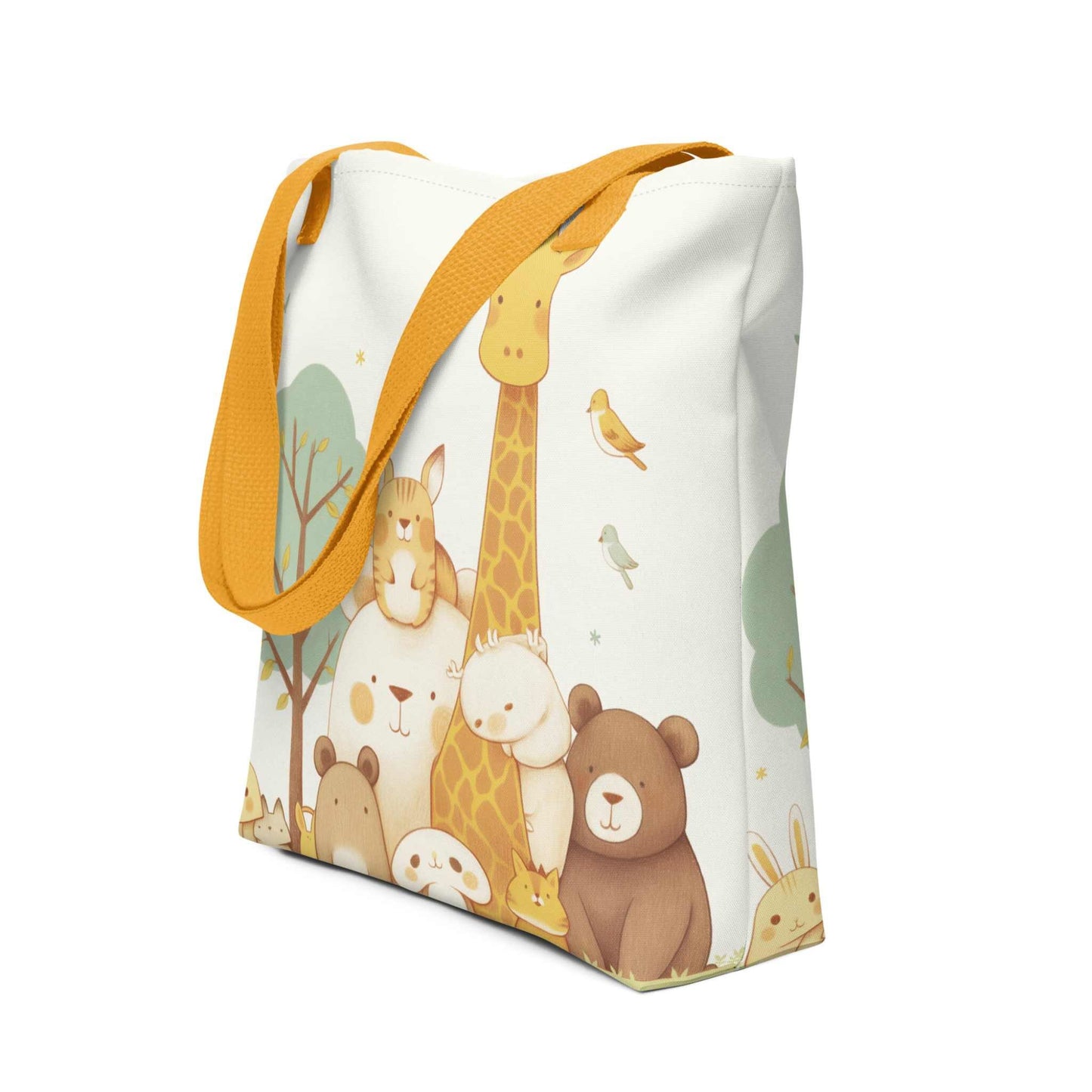 Cute tote bag featuring a stylish
gathering of our sweet animal villagers, with yellow handles. Side view.  Grey background.
