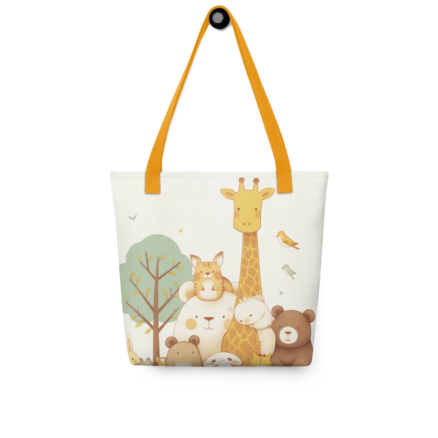 Cute tote bag featuring a stylish
gathering of our sweet animal villagers, with yellow handles, hanging on a wall.  White background.