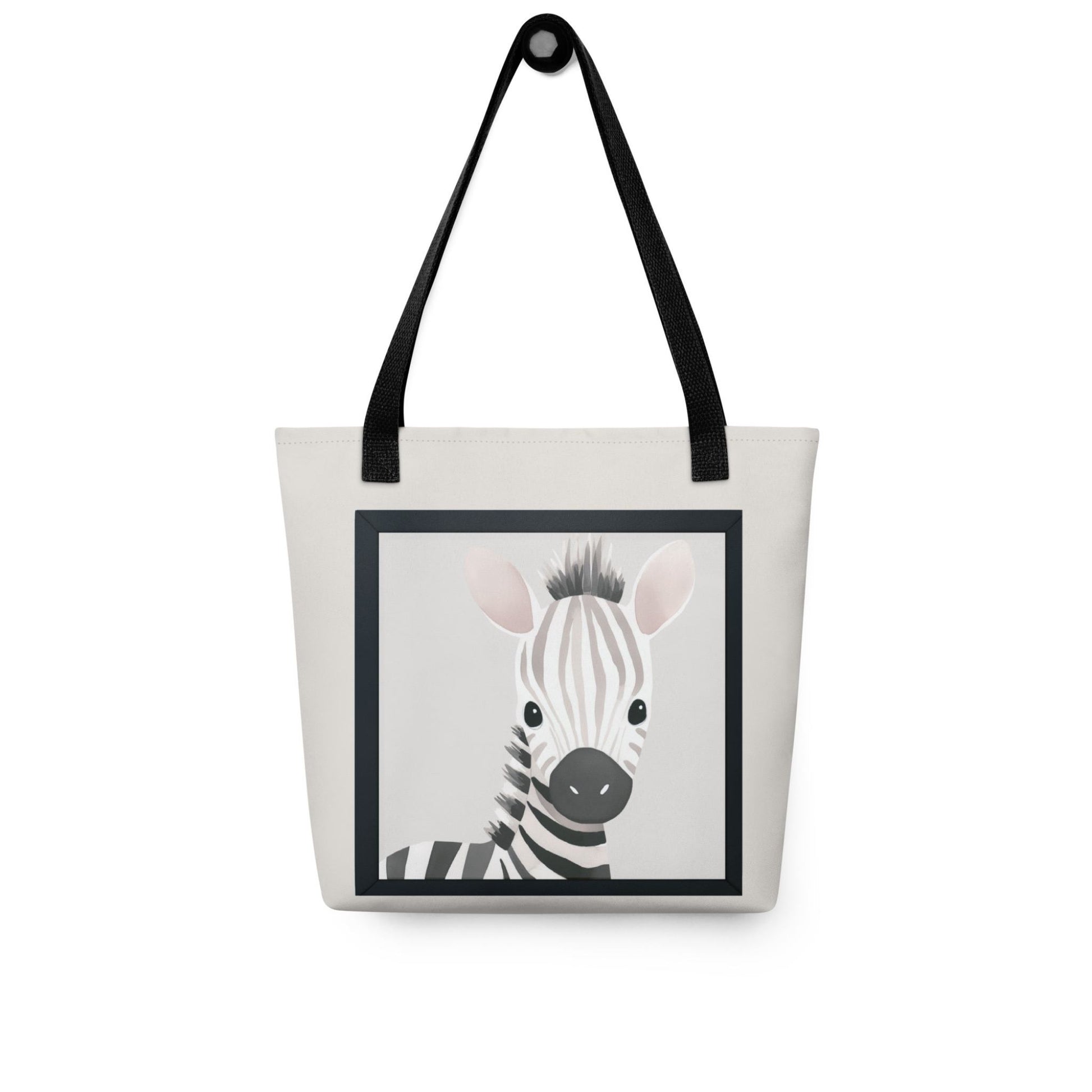 Cute totes with watercolor illustration that captures the sweet, gentle innocence of a baby zebra with soft taupe and cream stripes, topped with an irresistibly spiky mane. Black handles. Dimensions 15x15 inches. Front view. White background.