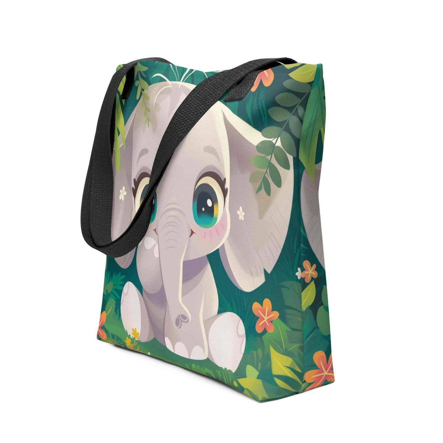 Cute Elephant Tote Bag, design which features a warm, charming baby elephant, with black handles. 15x15 inches. Side view. White background.