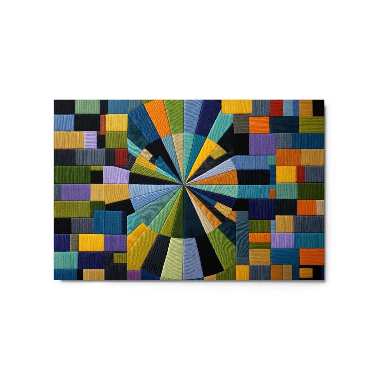 Expressionfiberarts patterns inspire this vibrant, texture-rich art. The WOVEN Metal Print features a spectacular radial design where precise, dense threads create an illusion&nbsp;of motion and depth. A dynamic starburst of color and geometric complexity is framed by&nbsp;a subtle patchwork border. Dimensions 20x30 inches landscape. White background.
