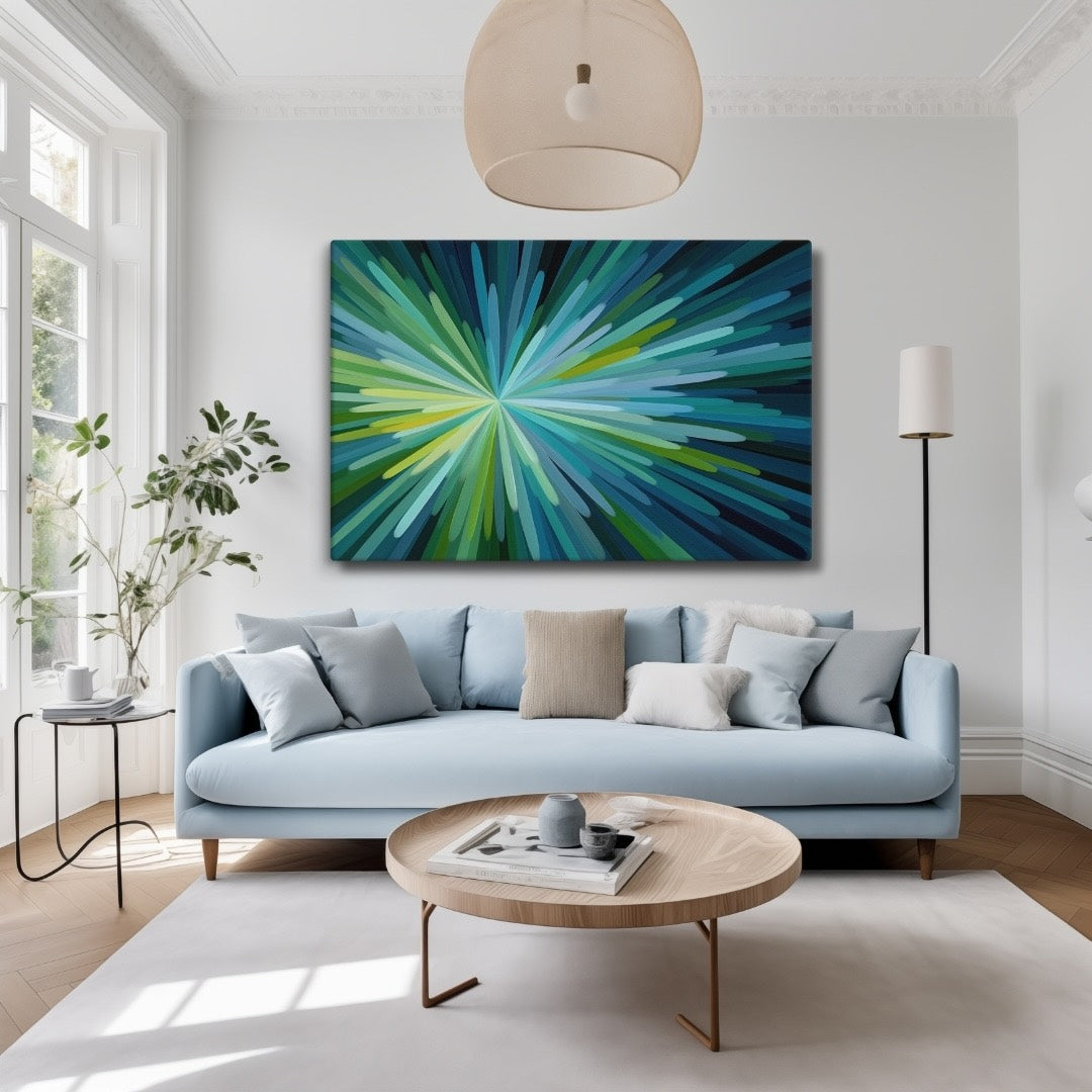 Illustration of a.green and blue abstract art featuring radiating strokes of blue, teal, and green burst or energy explosion, over a blue sofa in a modern contemporary white living room.
