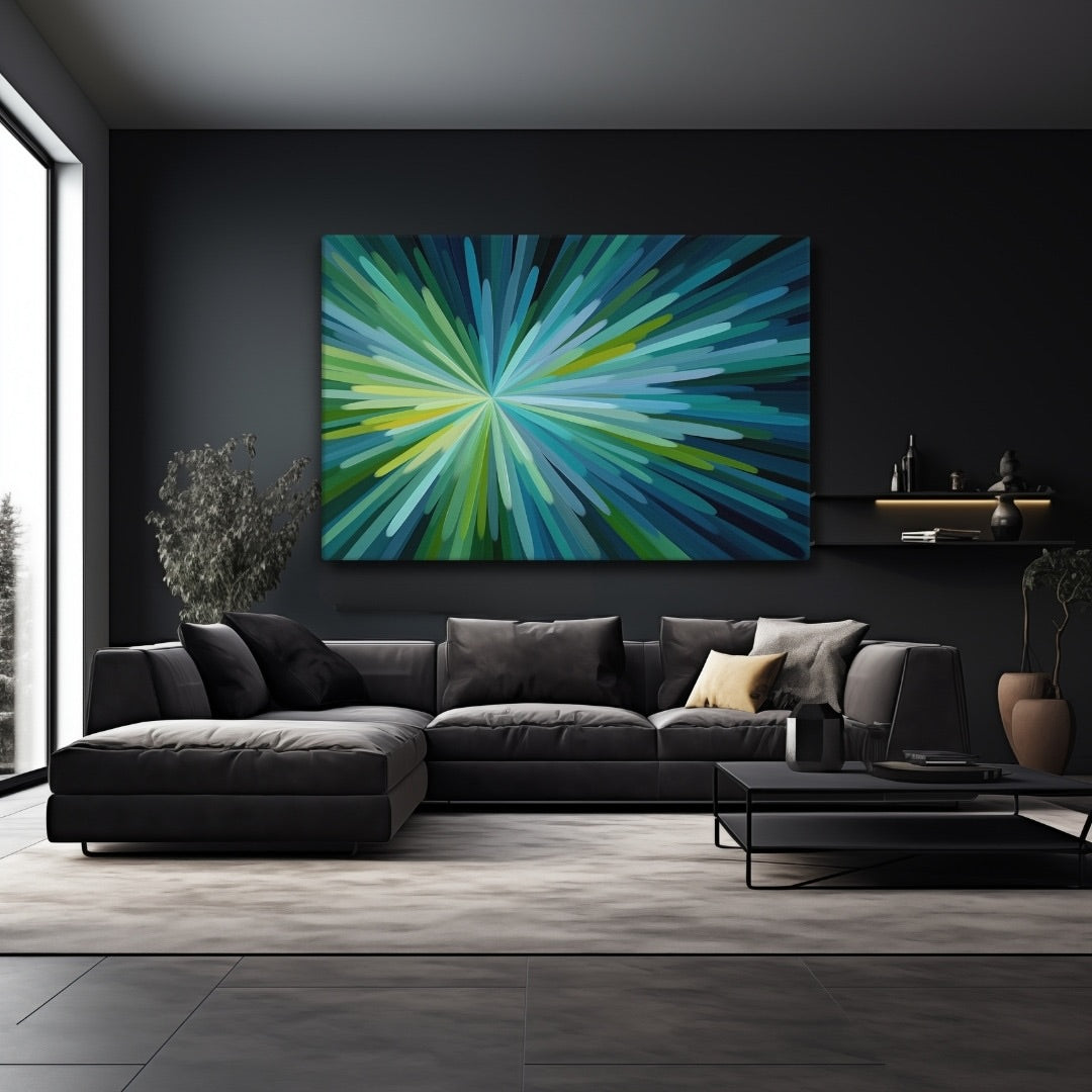 Illustration of a.green and blue abstract art featuring radiating strokes of blue, teal, and green burst or energy explosion, over a greyish black sofa in a modern dark grey living room.