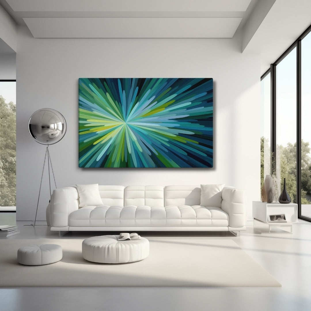 Illustration of a.green and blue abstract art featuring radiating strokes of blue, teal, and green burst or energy explosion, over a white sofa in a modern white living room.