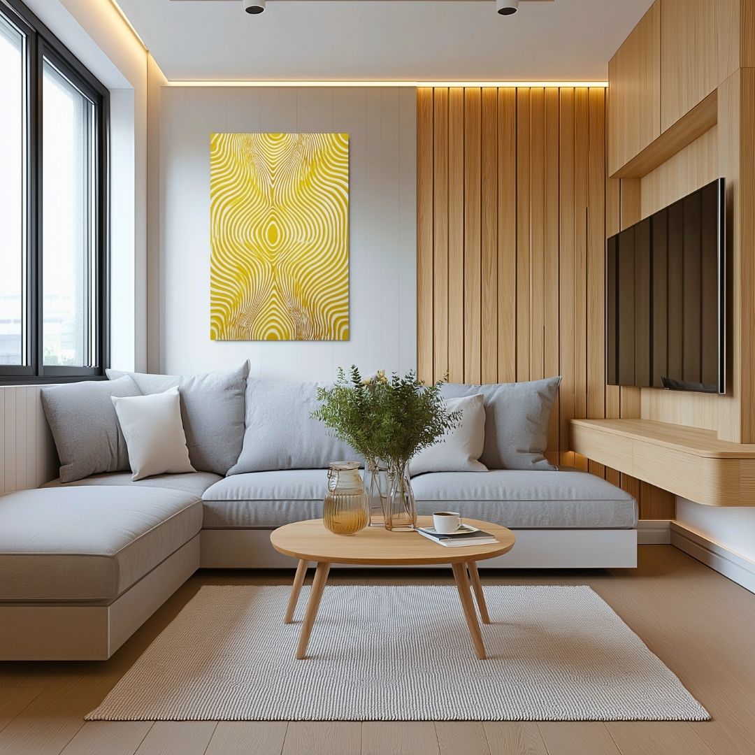 Illustration of a mesmerizing yellow wave that defines modern luxury, epertly rendered on a stunning abstract metal print, hanging in a living room. Dimensions 20x30 inches portrait. 
