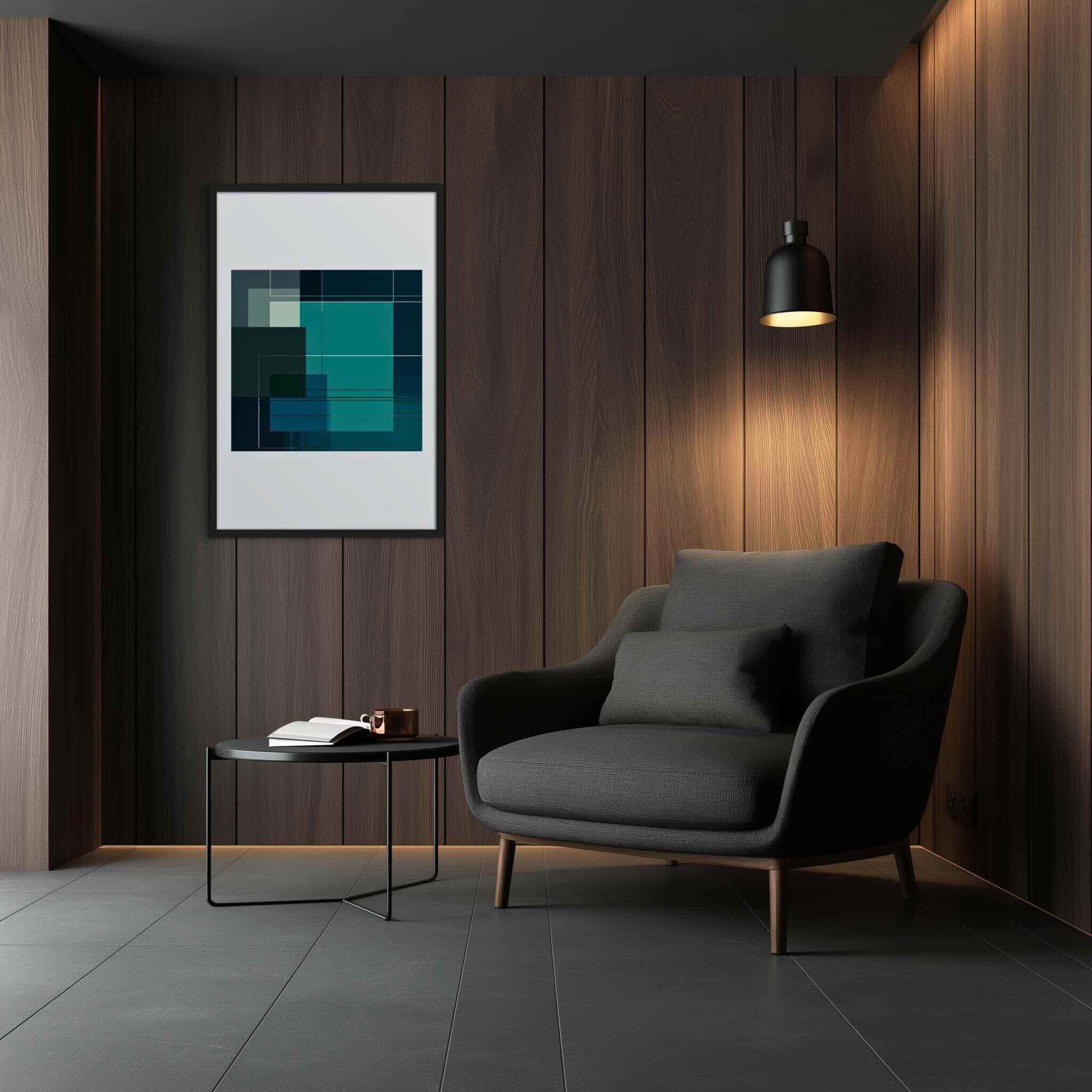 Illustration of BAUHAUS Framed Prints. This stunning abstract&nbsp;piece captivates with precision, a moody navy/teal palette, and dynamic geometry, hanging on a wooden wall in a mid-Century modern reading room. 