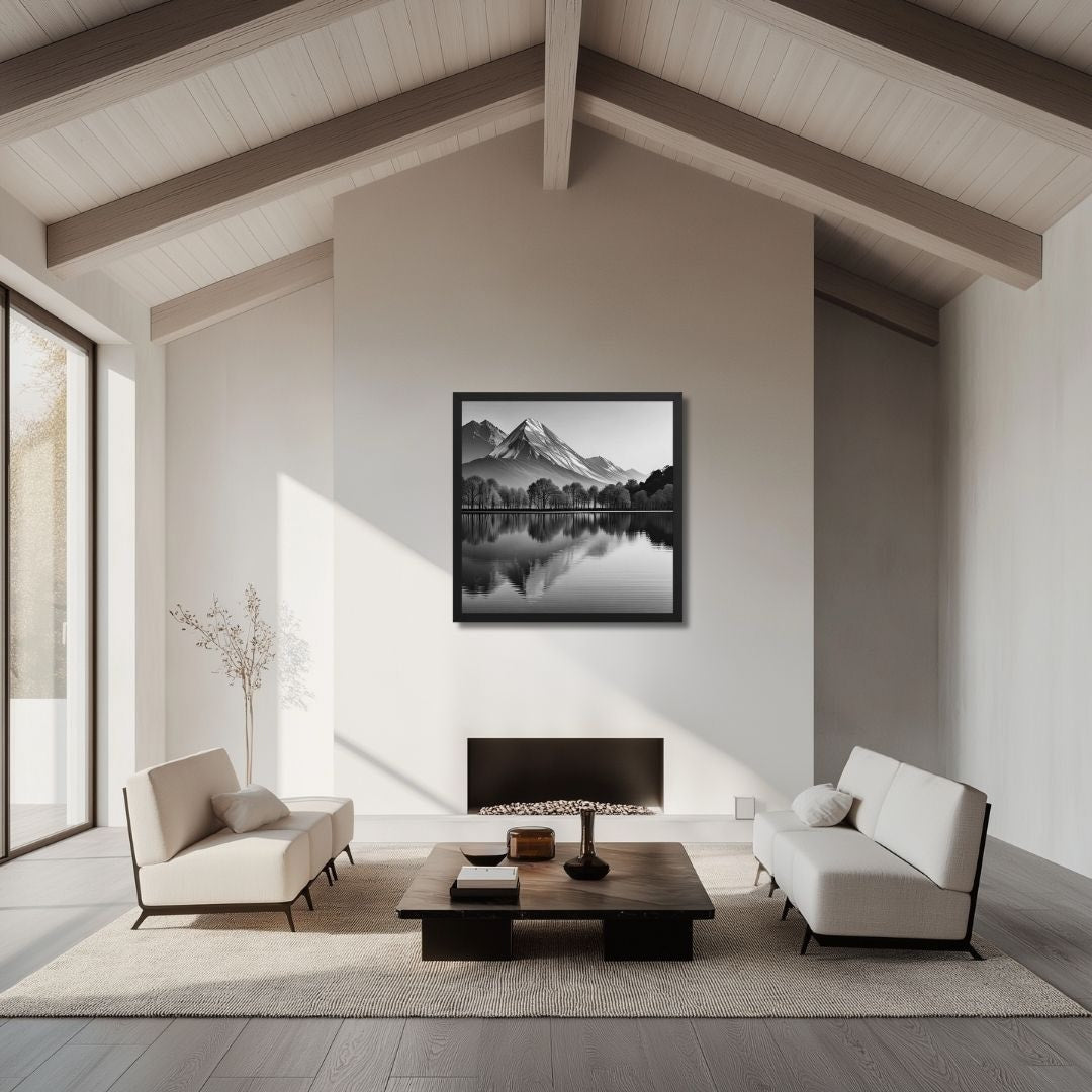 This sophisticated, gallery-quality framed poste features powerful Black and White Landscape symmetry, capturing a majestic mountain and&nbsp;its near-perfect reflection. The high-contrast style emphasizes dramatic forms and textures. The framed poster hangs in a contemporary living room.