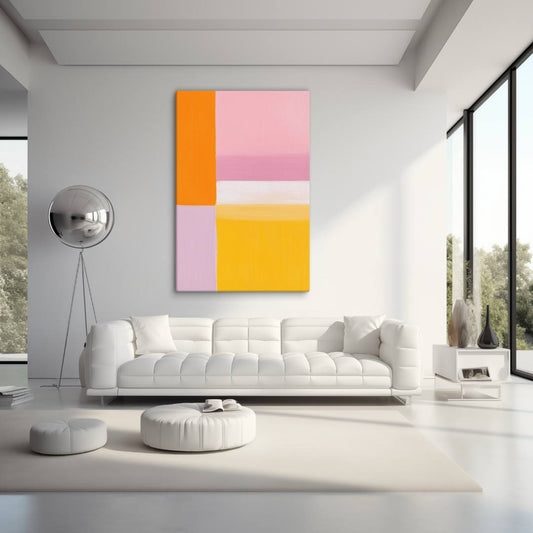 Illustration of Color Block Painting PALETTE. This stunning abstract canvas welcomes soft, radiant energy into your space. The artwork is a harmonious blend of energetic warm tones (sunny yellow and bright orange) with calming pastel colors (pink and mauve), and hangs in a modern white living room.