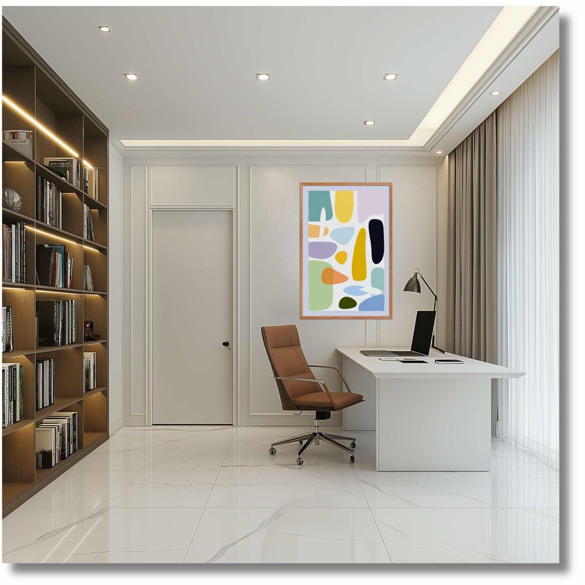 Illustration 1. Poster which mbodies the playful elegance of Mid Century Modern Wall Art, featuring soft, organic shapes and a beautifully balanced, muted pastel palette, hanging on a white wall in a white contemporary study.
