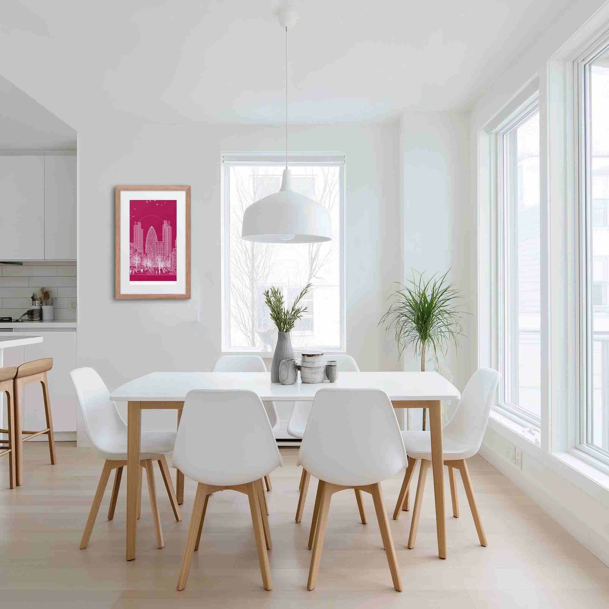 London wall art featuring a sophisticated line drawing which captures the vibrant energy of London, in a framed poster with red oak frame and thick mat, hanging on a wall in a white modern dining area.
