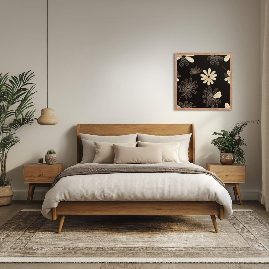 Modern Floral Wall Art framed poster which features a high-contrast, black and white line art pattern that blends Art Deco flair with minimalist sophistication. The framed poster hangs on a wall in a contemporary bed room.