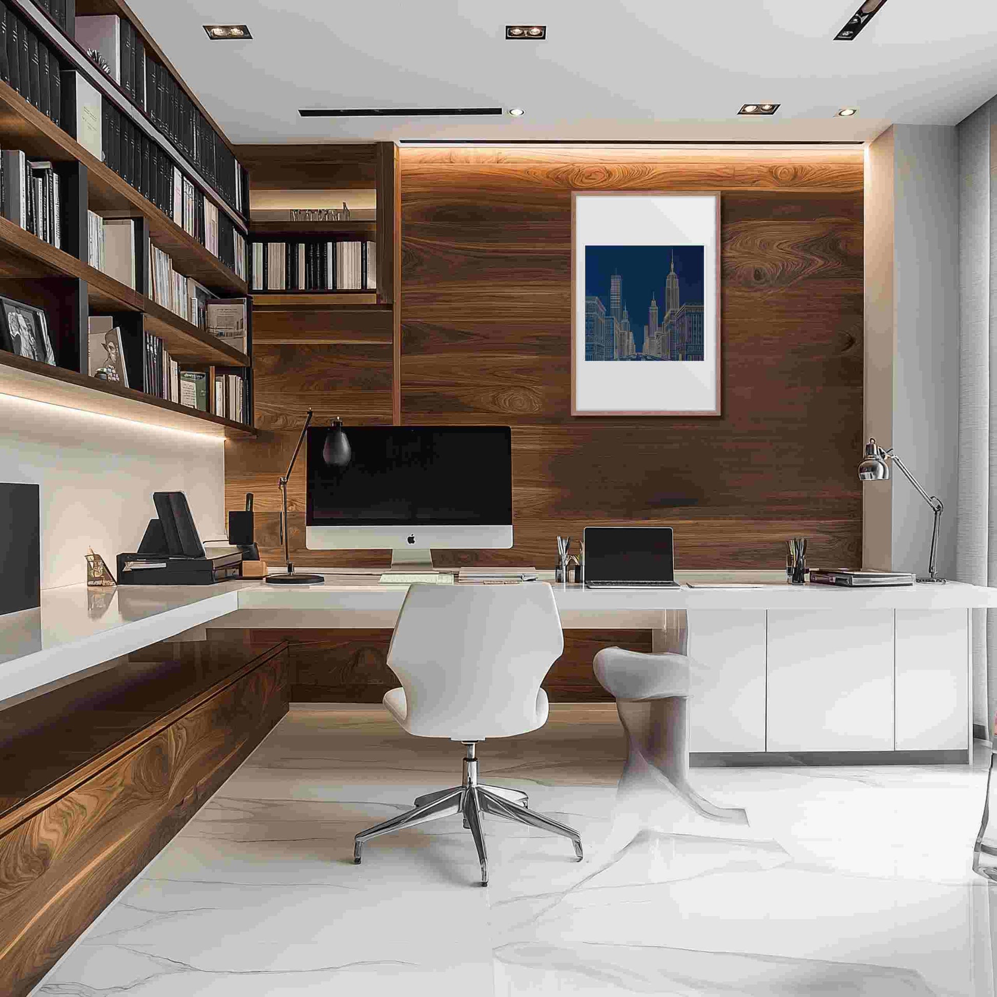 New York skyline line drawing in bold gold lines against a deep architectural blue, in a framed poster with mat, hanging on a wooden wall in a contemporary study.